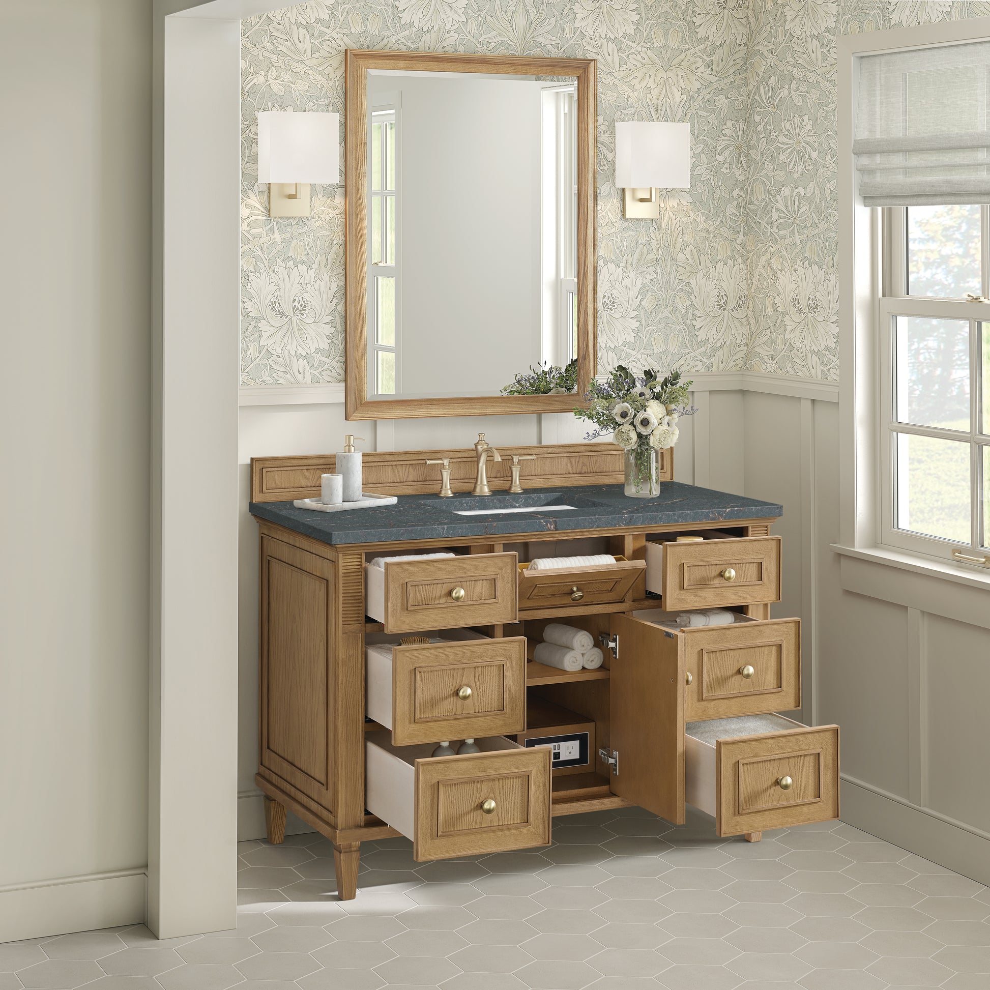 James Martin Vanities Lorelai 48" Light Natural Oak Single Vanity With 3 cm Parisien Bleu Silestone Top and FreePower Wireless Charger