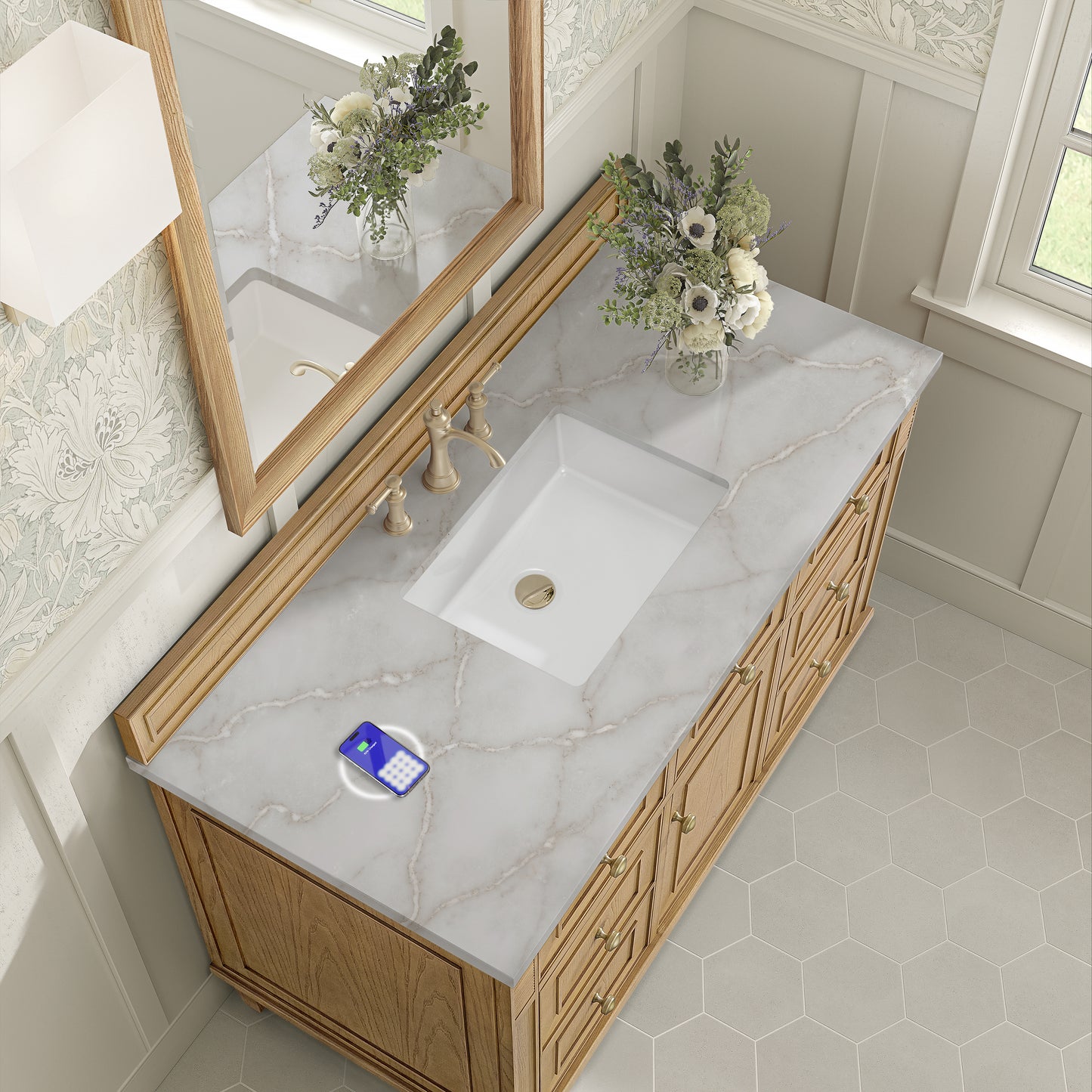 James Martin Vanities Lorelai 48" Light Natural Oak Single Vanity With 3 cm Victorian Silver Silestone Top and FreePower Wireless Charger