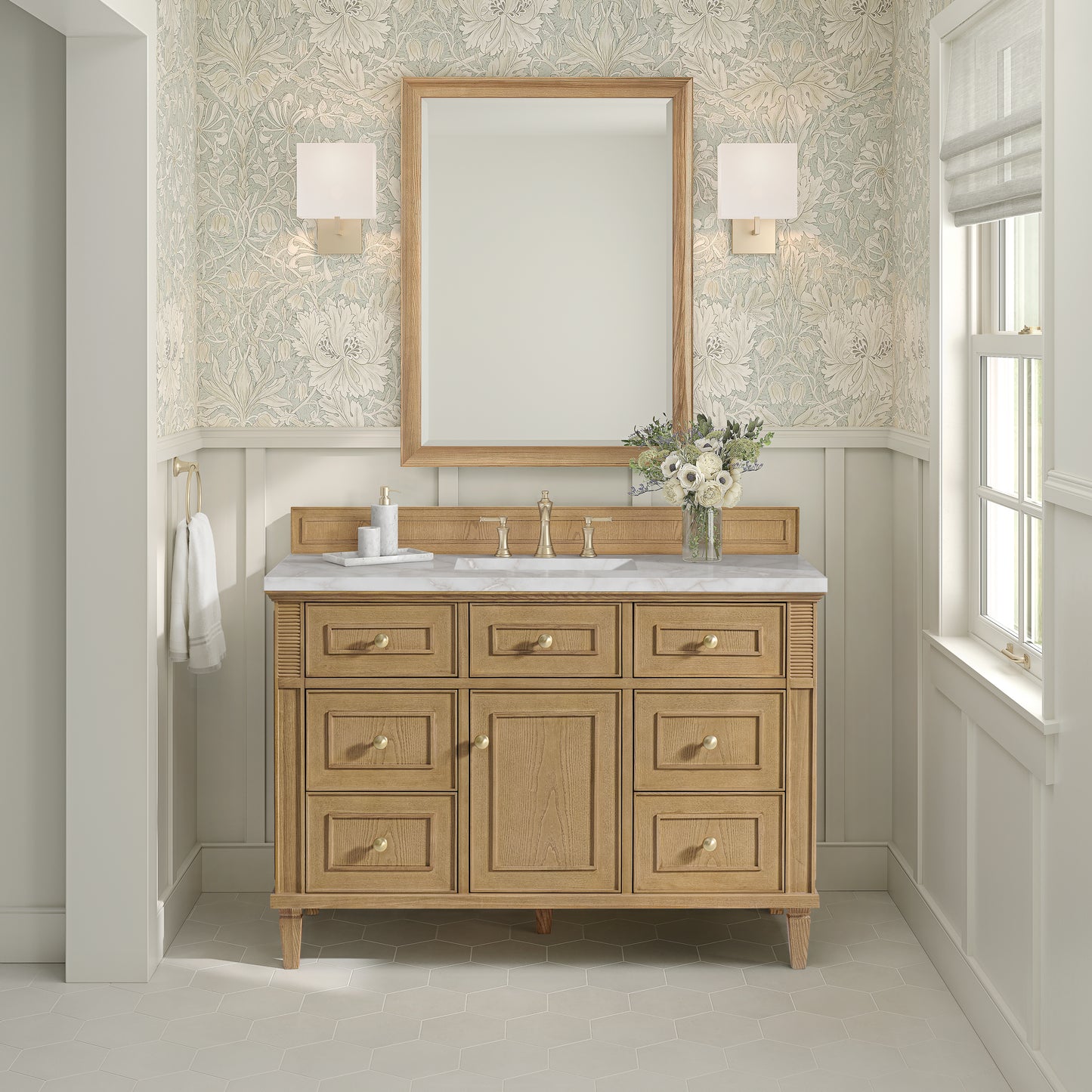James Martin Vanities Lorelai 48" Light Natural Oak Single Vanity With 3 cm Victorian Silver Silestone Top and FreePower Wireless Charger