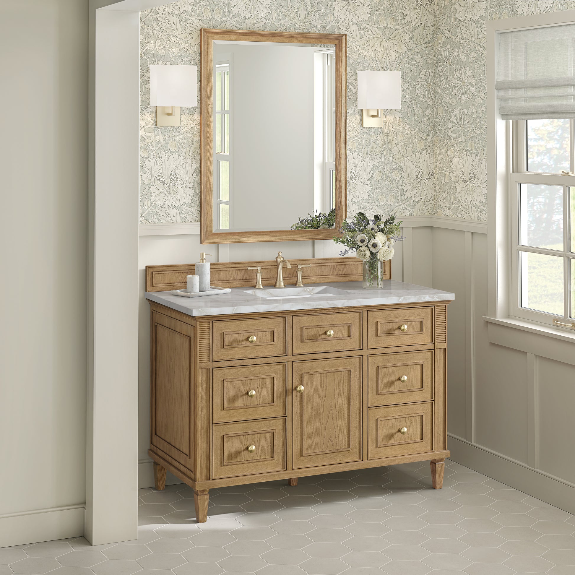James Martin Vanities Lorelai 48" Light Natural Oak Single Vanity With 3 cm Victorian Silver Silestone Top and FreePower Wireless Charger