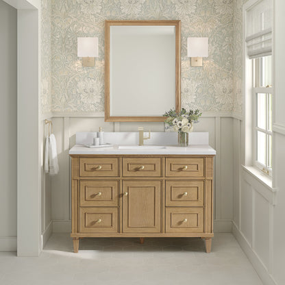 James Martin Vanities Lorelai 48" Light Natural Oak Single Vanity With Single Hole 3 CM White Zeus Quartz Top & Backsplash