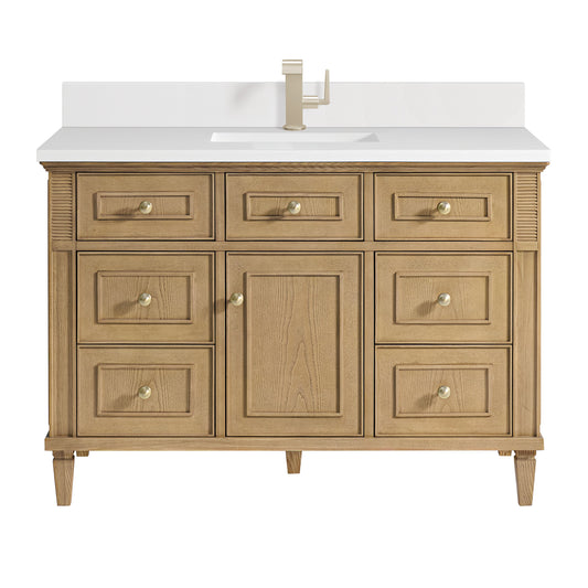 James Martin Vanities Lorelai 48" Light Natural Oak Single Vanity With Single Hole 3 CM White Zeus Quartz Top & Backsplash