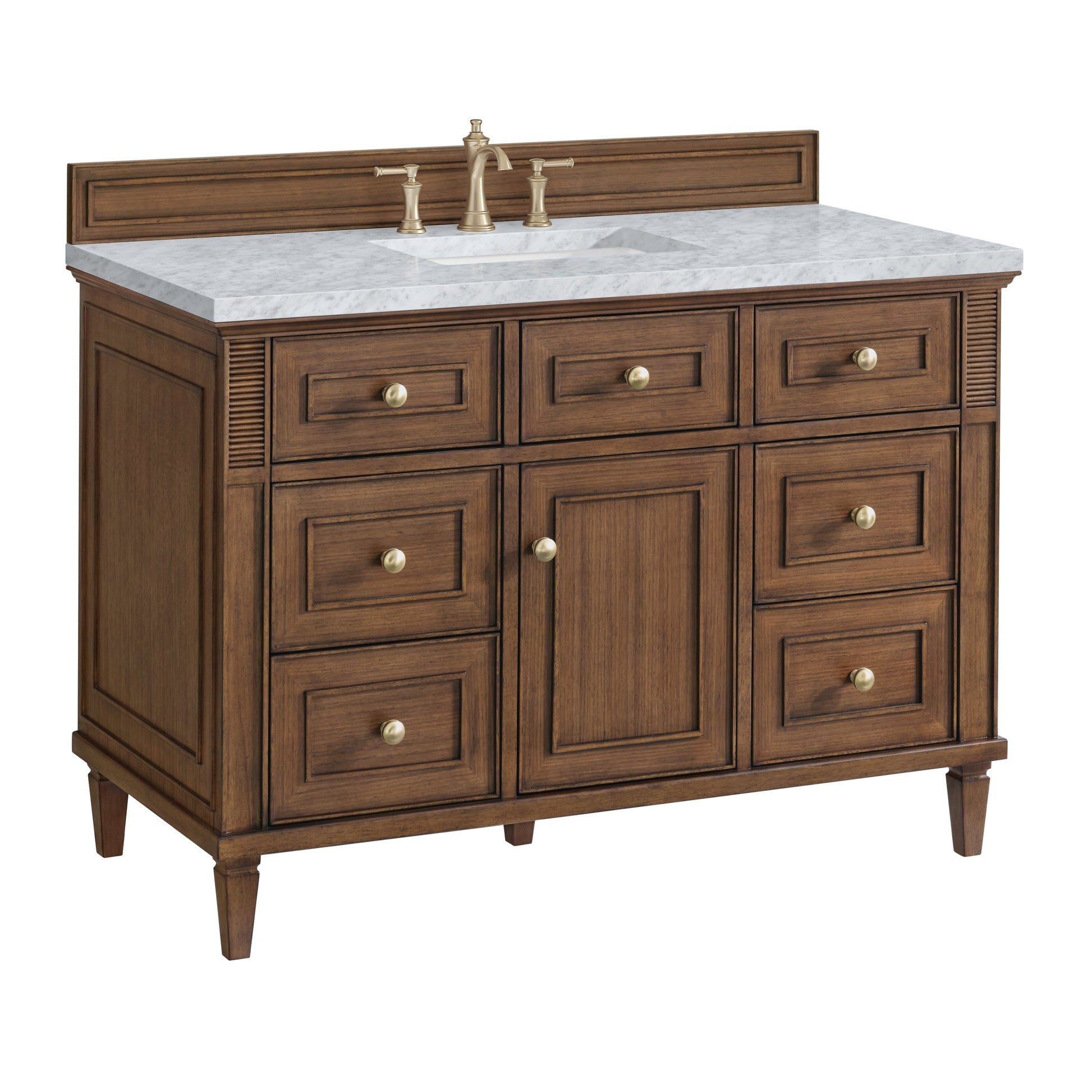 James Martin Vanities Lorelai 48" Mid-Century Walnut Single Vanity With 3 CM Carrara White Marble Top