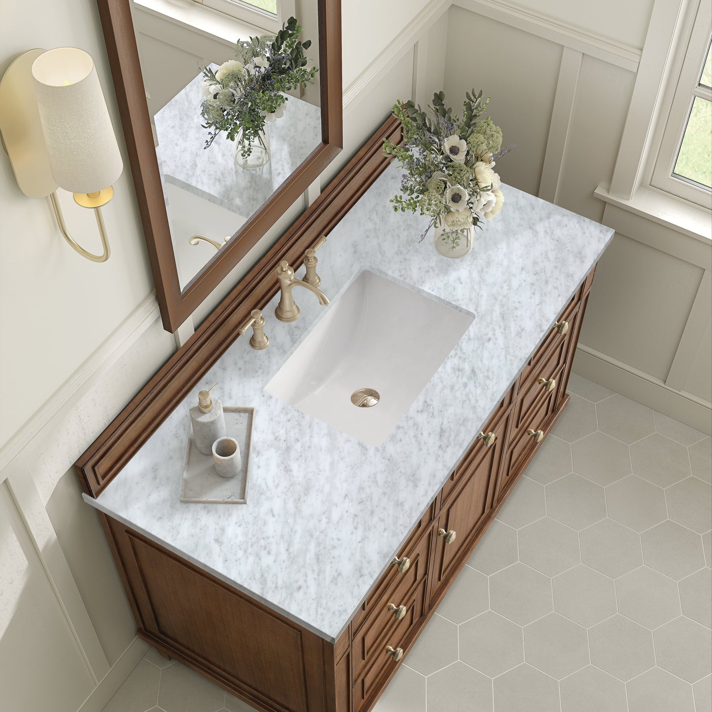 James Martin Vanities Lorelai 48" Mid-Century Walnut Single Vanity With 3 CM Carrara White Marble Top