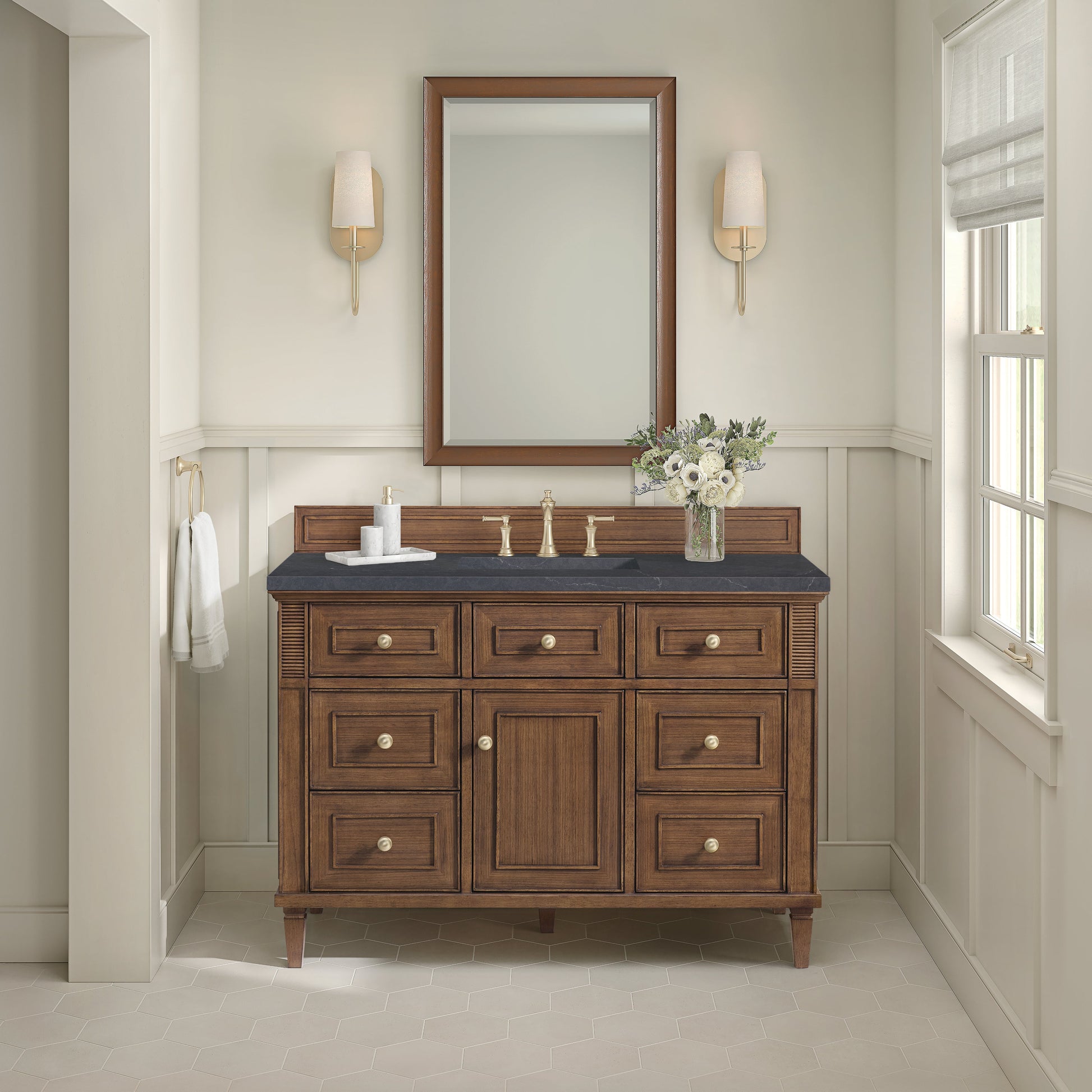 James Martin Vanities Lorelai 48" Mid-Century Walnut Single Vanity With 3 CM Charcoal Soapstone Quartz Top