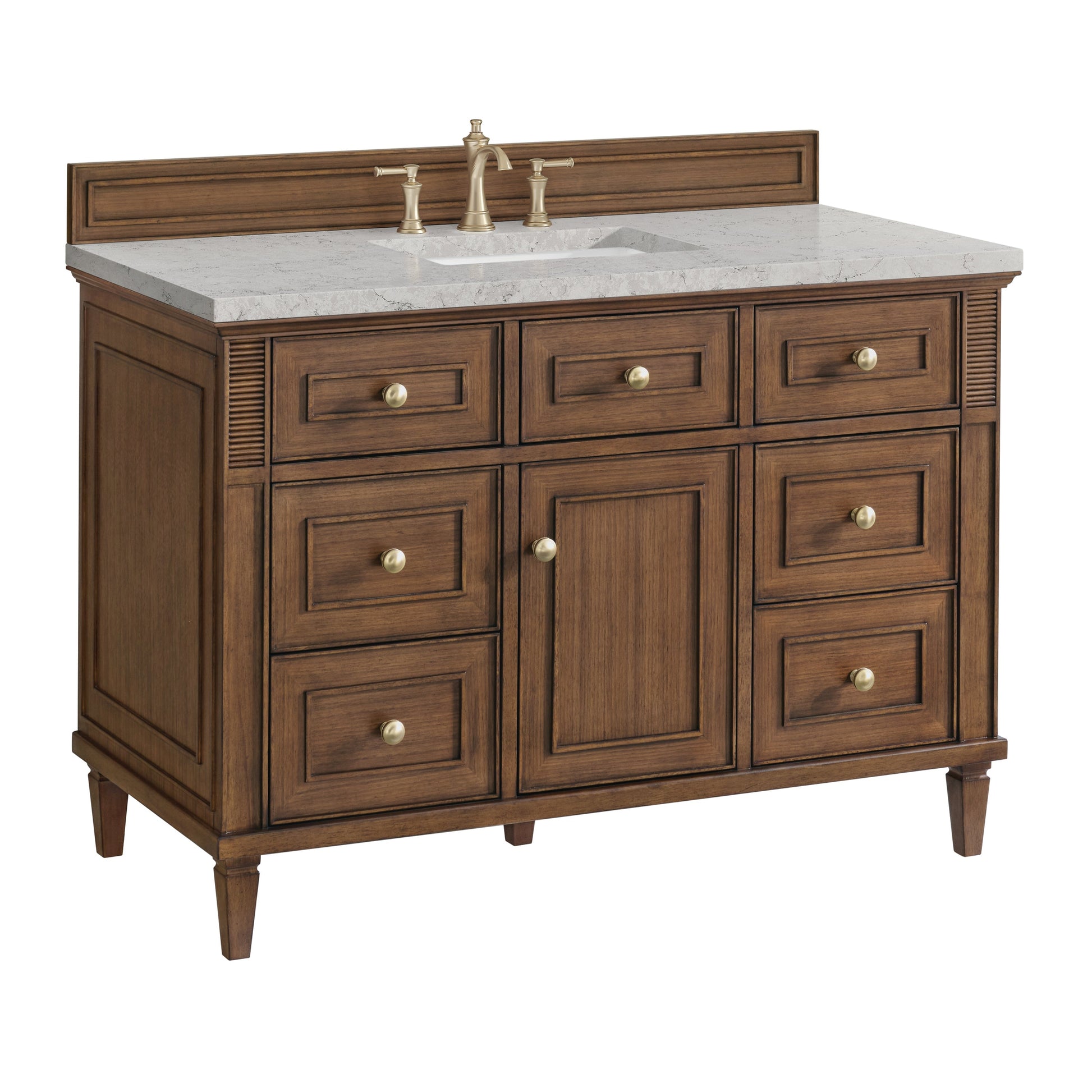 James Martin Vanities Lorelai 48" Mid-Century Walnut Single Vanity With 3 CM Eternal Jasmine Pearl Quartz Top