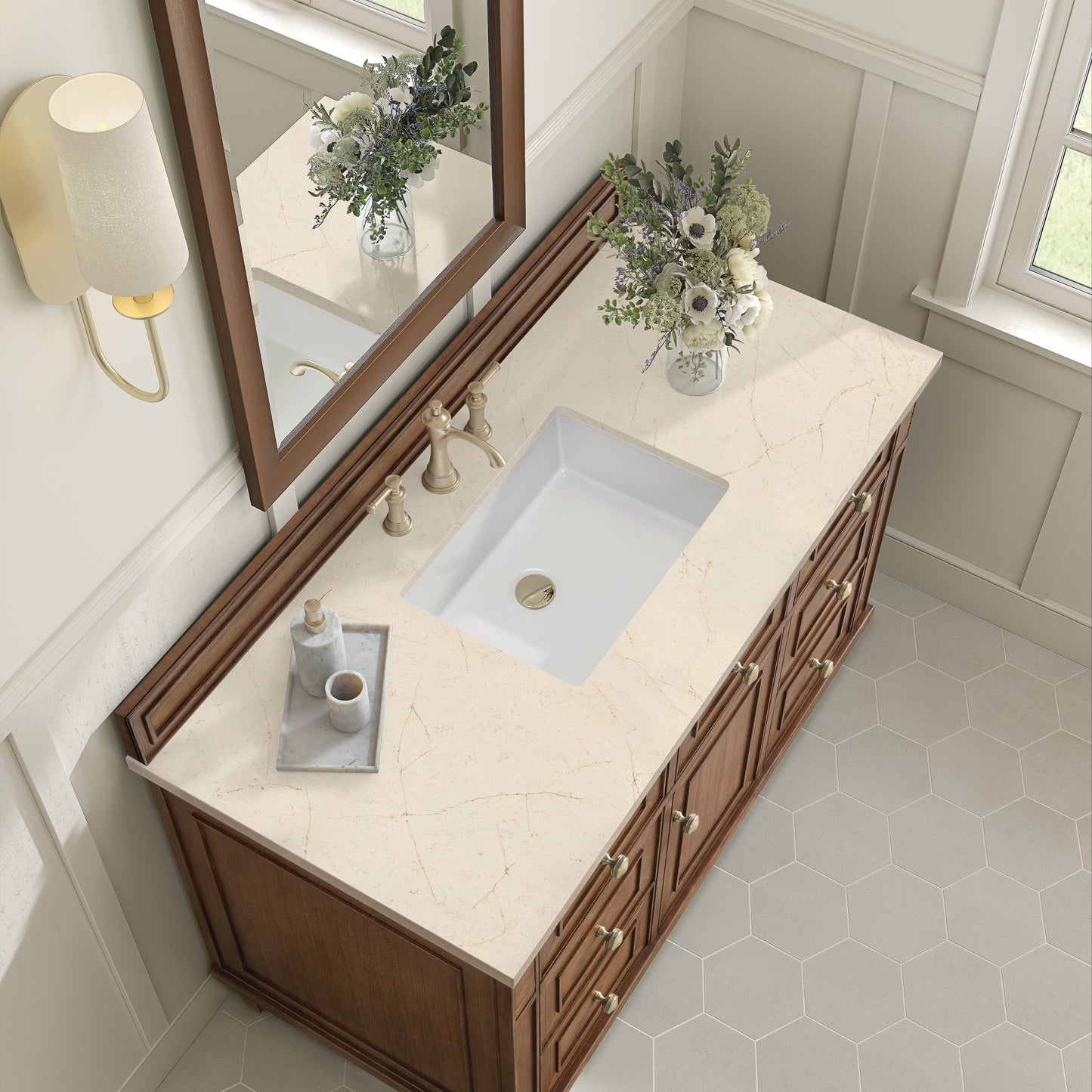 James Martin Vanities Lorelai 48" Mid-Century Walnut Single Vanity With 3 CM Eternal Marfil Quartz Top