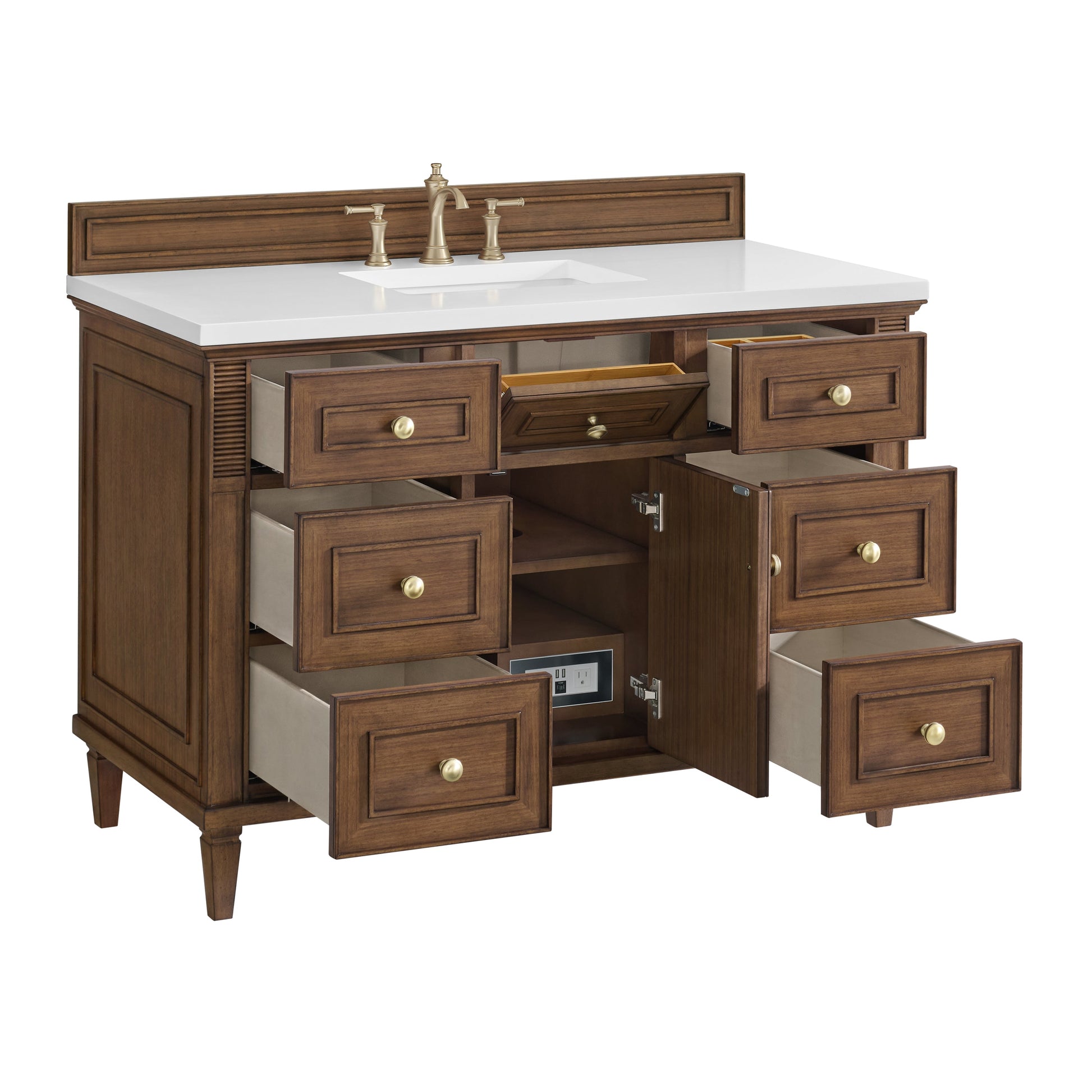 James Martin Vanities Lorelai 48" Mid-Century Walnut Single Vanity With 3 CM White Zeus Quartz Top