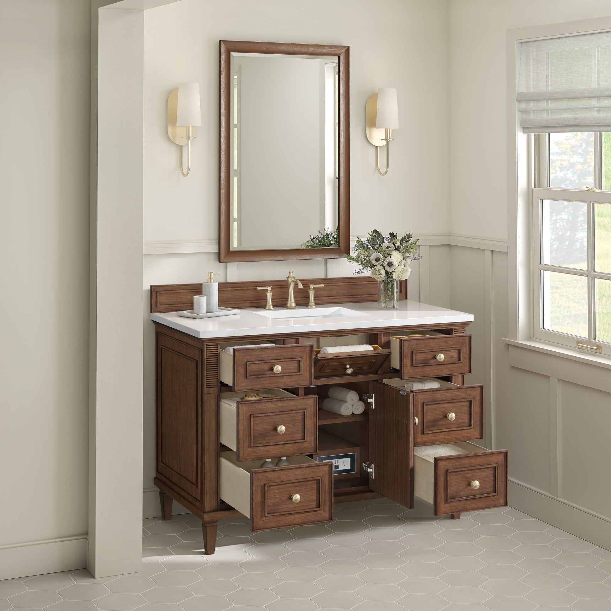 James Martin Vanities Lorelai 48" Mid-Century Walnut Single Vanity With 3 CM White Zeus Quartz Top