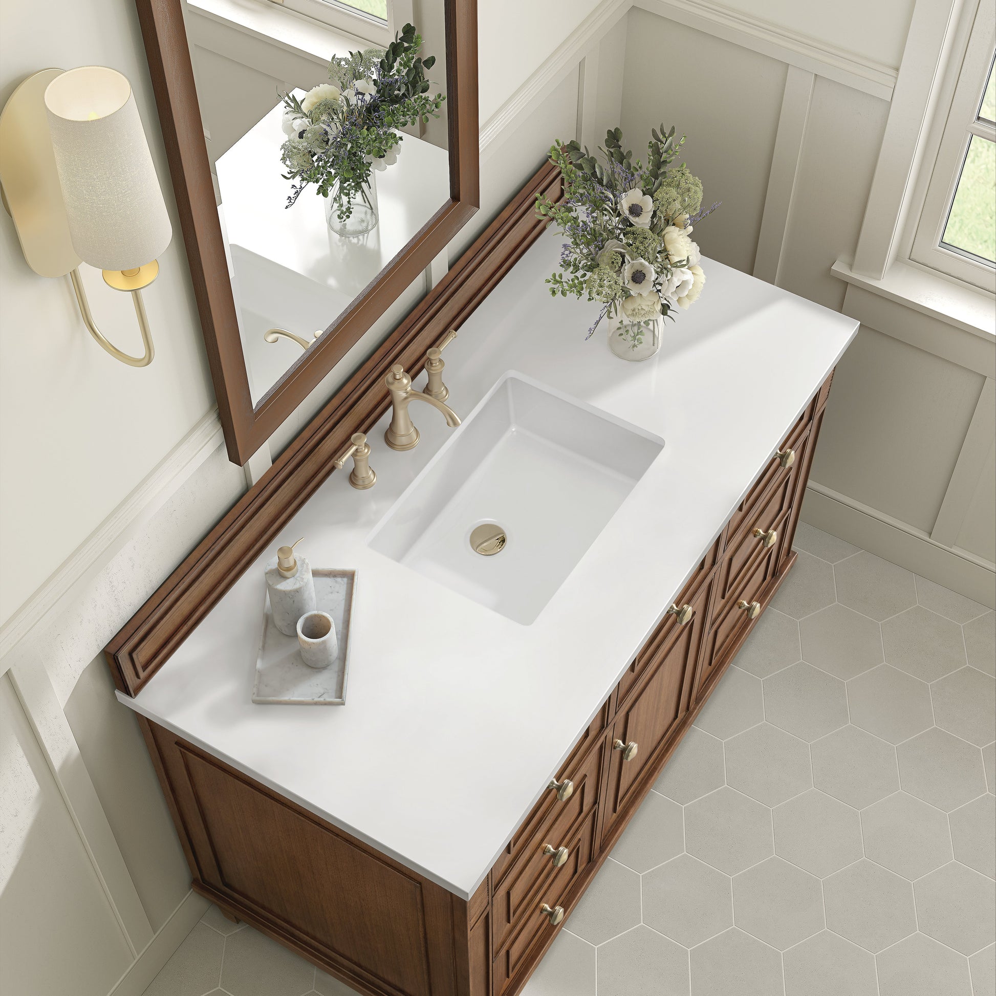 James Martin Vanities Lorelai 48" Mid-Century Walnut Single Vanity With 3 CM White Zeus Quartz Top