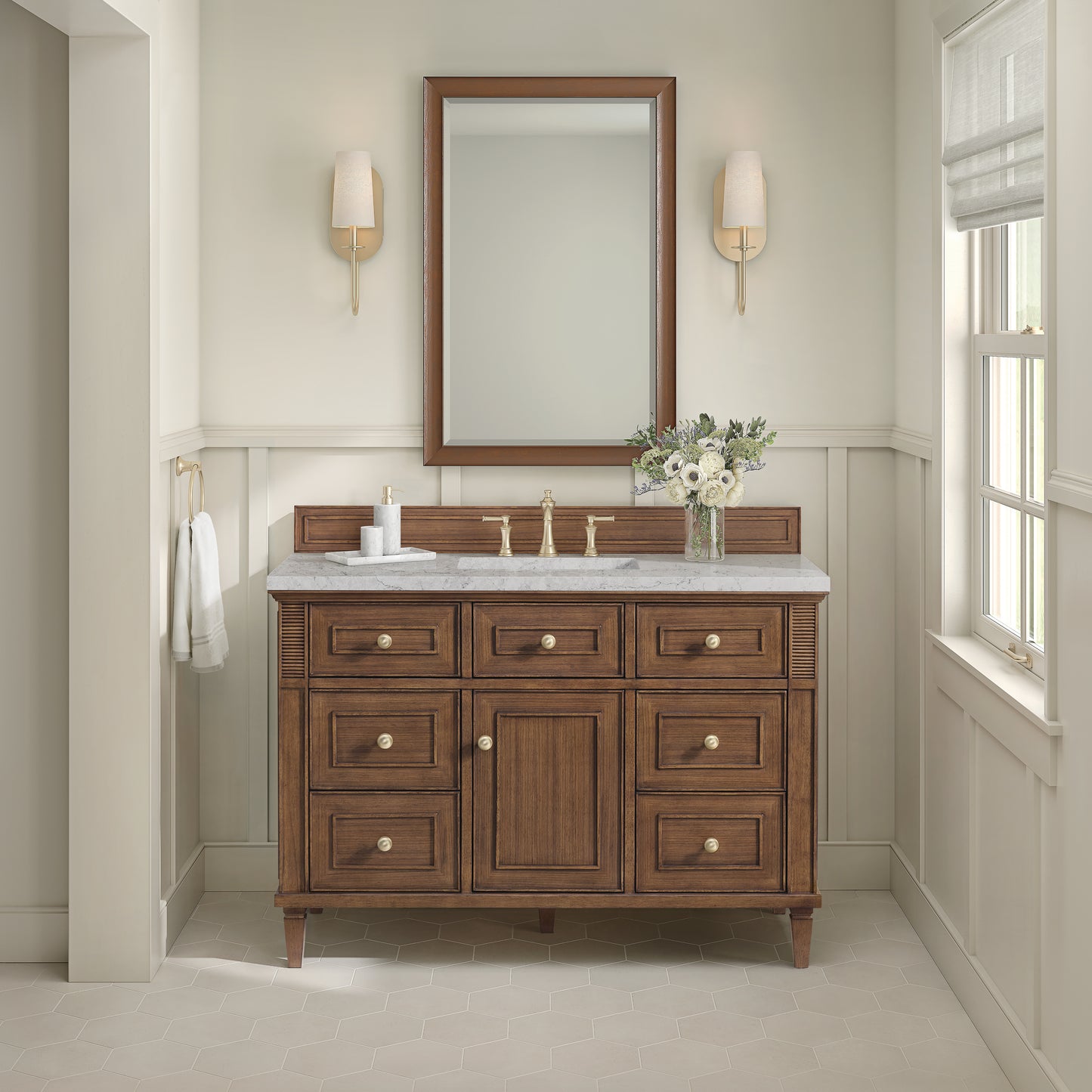 James Martin Vanities Lorelai 48" Mid-Century Walnut Single Vanity With 3 cm Eternal Jasmine Pearl Silestone Top and FreePower Wireless Charger