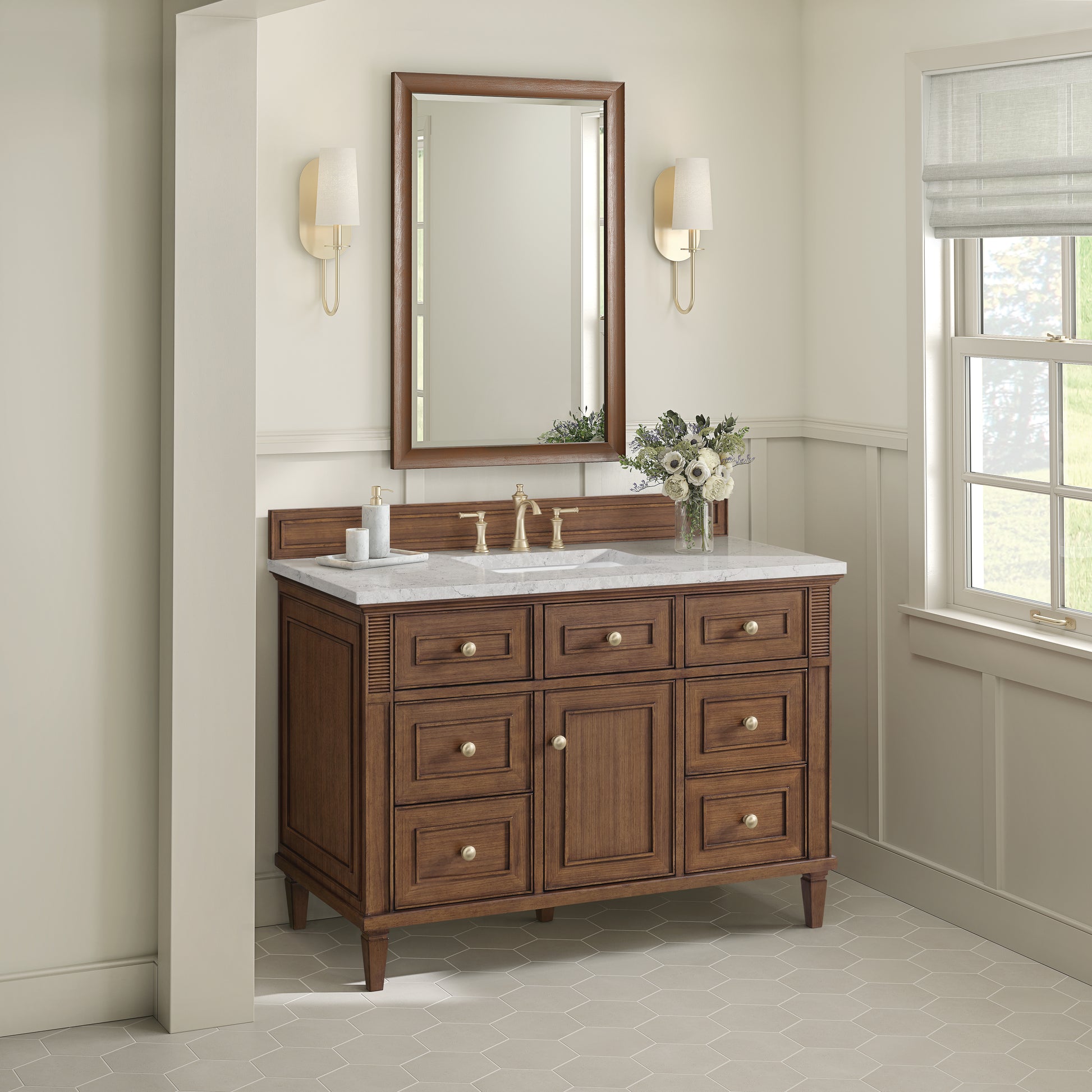 James Martin Vanities Lorelai 48" Mid-Century Walnut Single Vanity With 3 cm Eternal Jasmine Pearl Silestone Top and FreePower Wireless Charger