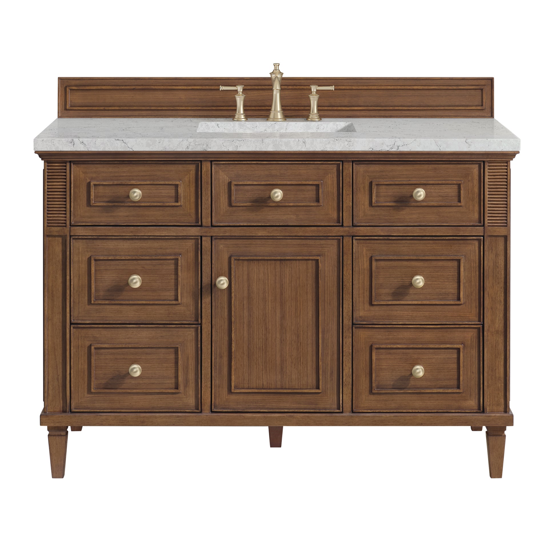 James Martin Vanities Lorelai 48" Mid-Century Walnut Single Vanity With 3 cm Eternal Jasmine Pearl Silestone Top and FreePower Wireless Charger