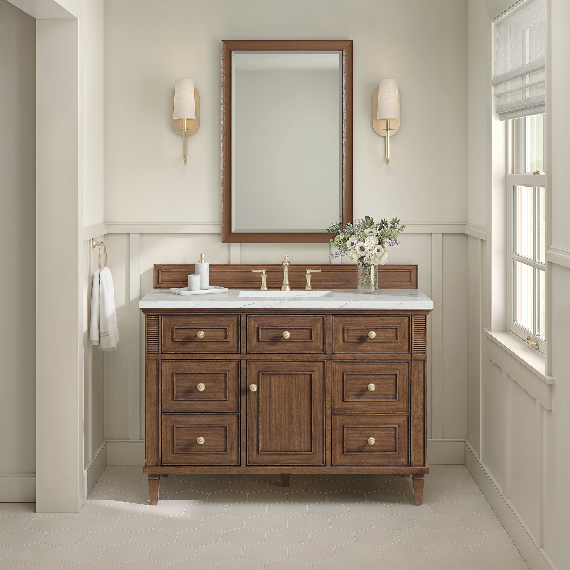 James Martin Vanities Lorelai 48" Mid-Century Walnut Single Vanity With 3 cm Ethereal Noctis Silestone Top and FreePower Wireless Charger