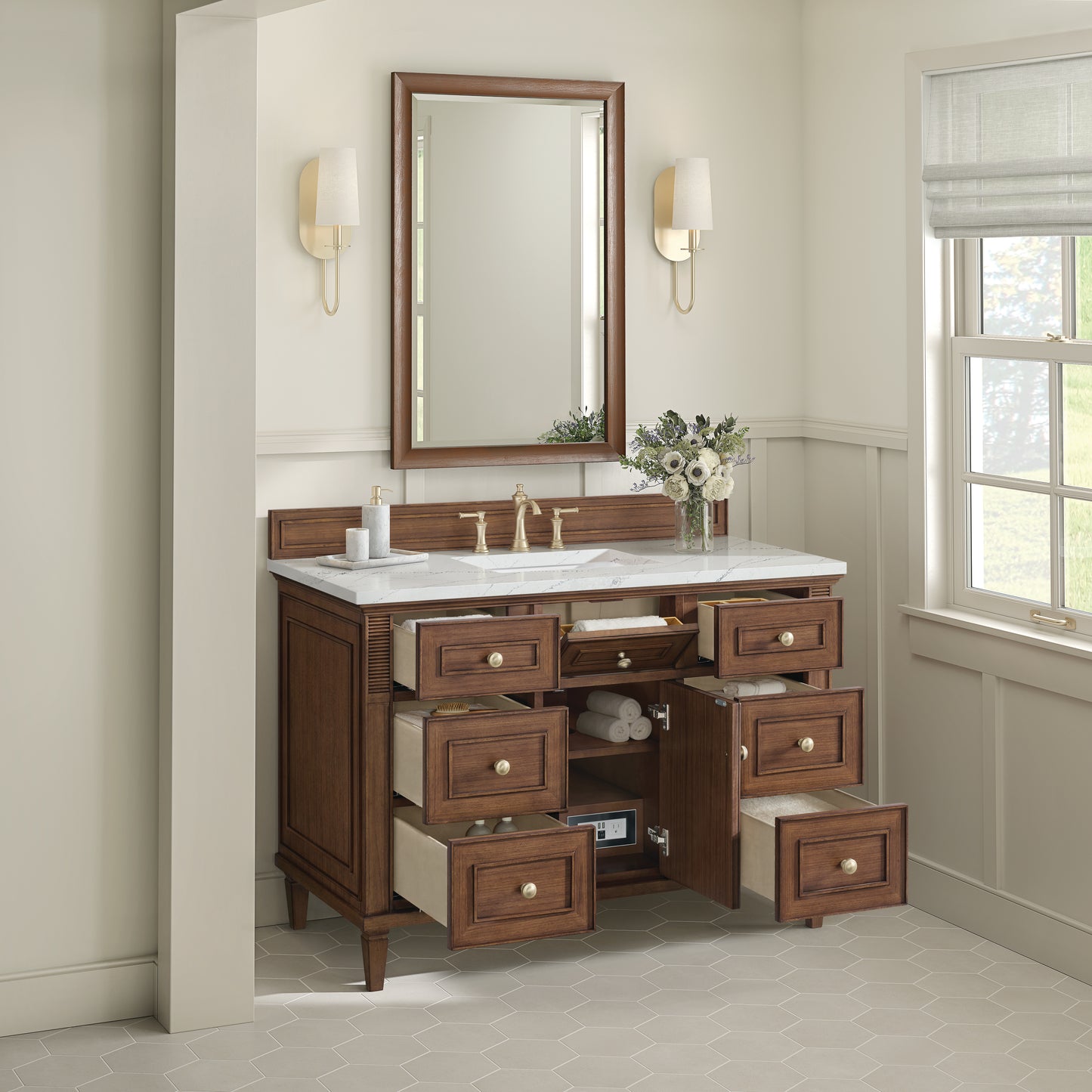 James Martin Vanities Lorelai 48" Mid-Century Walnut Single Vanity With 3 cm Ethereal Noctis Silestone Top and FreePower Wireless Charger