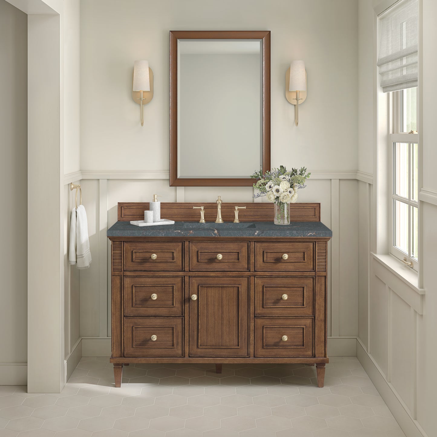James Martin Vanities Lorelai 48" Mid-Century Walnut Single Vanity With 3 cm Parisien Bleu Silestone Top and FreePower Wireless Charger