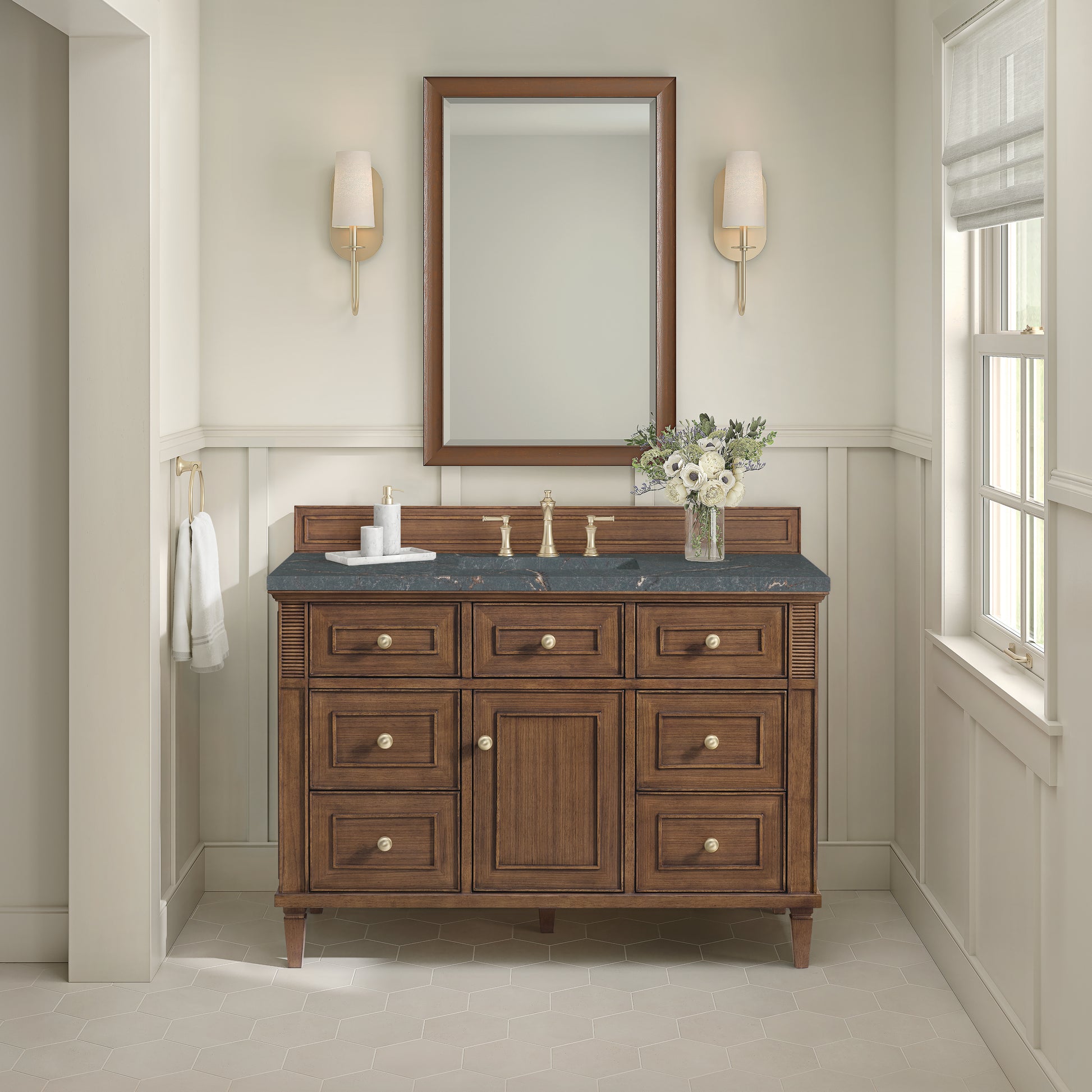James Martin Vanities Lorelai 48" Mid-Century Walnut Single Vanity With 3 cm Parisien Bleu Silestone Top and FreePower Wireless Charger