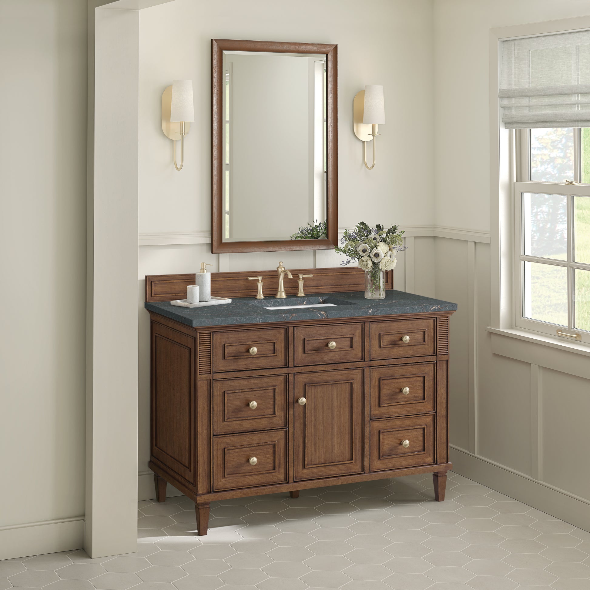James Martin Vanities Lorelai 48" Mid-Century Walnut Single Vanity With 3 cm Parisien Bleu Silestone Top and FreePower Wireless Charger