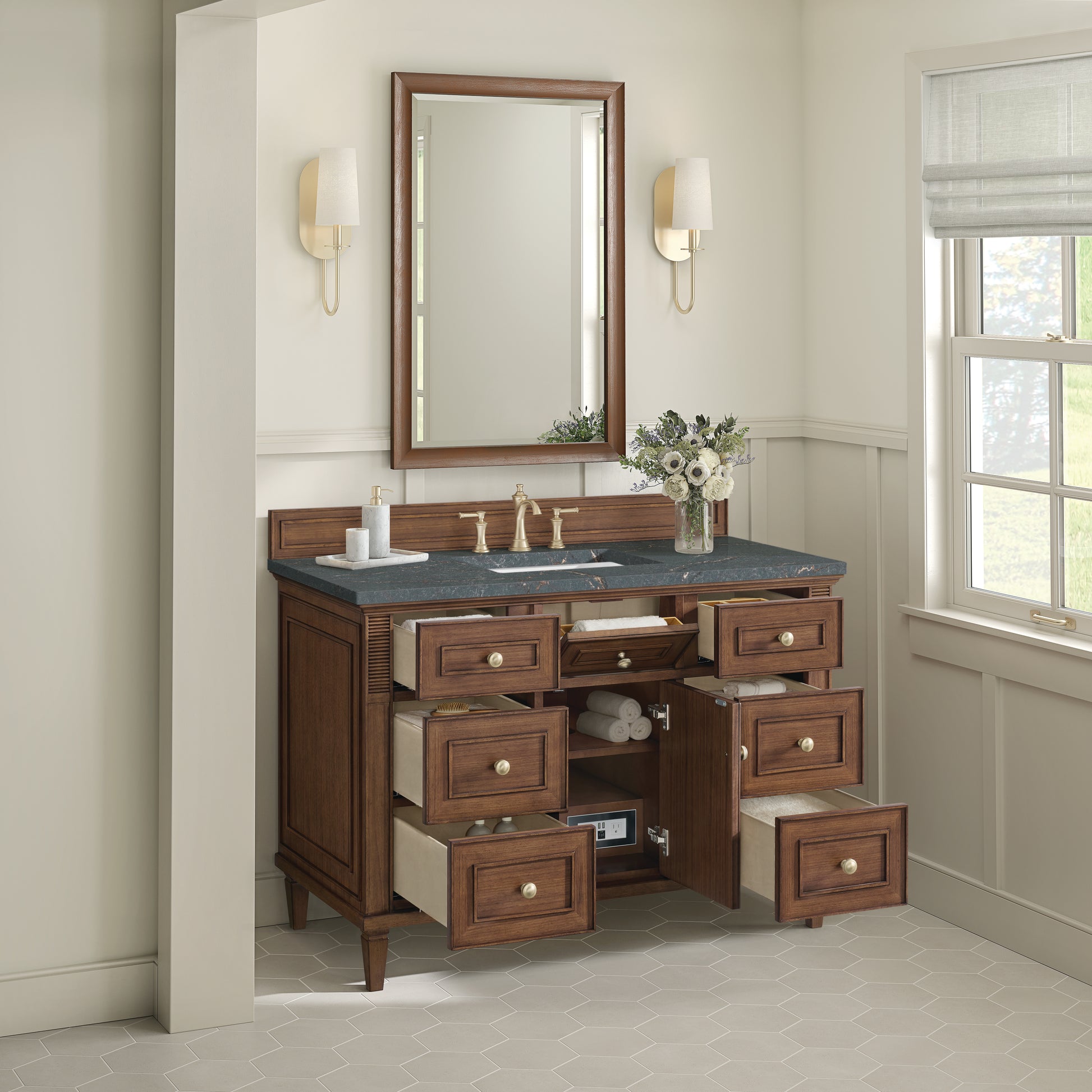 James Martin Vanities Lorelai 48" Mid-Century Walnut Single Vanity With 3 cm Parisien Bleu Silestone Top and FreePower Wireless Charger