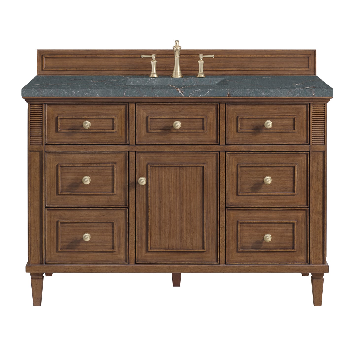 James Martin Vanities Lorelai 48" Mid-Century Walnut Single Vanity With 3 cm Parisien Bleu Silestone Top and FreePower Wireless Charger