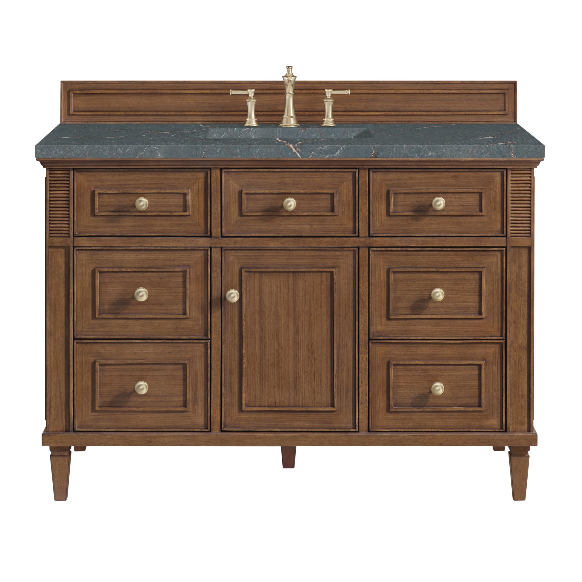 James Martin Vanities Lorelai 48" Mid-Century Walnut Single Vanity With 3 cm Parisien Bleu Silestone Top and FreePower Wireless Charger