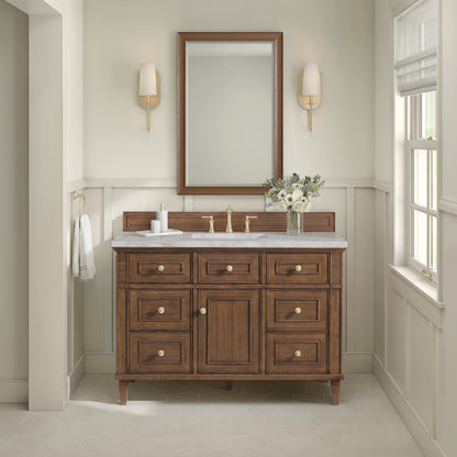 James Martin Vanities Lorelai 48" Mid-Century Walnut Single Vanity With 3 cm Victorian Silver Silestone Top and FreePower Wireless Charger