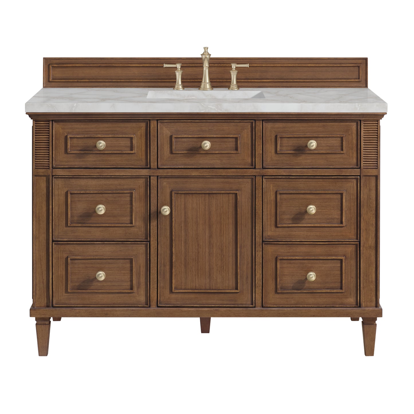 James Martin Vanities Lorelai 48" Mid-Century Walnut Single Vanity With 3 cm Victorian Silver Silestone Top and FreePower Wireless Charger