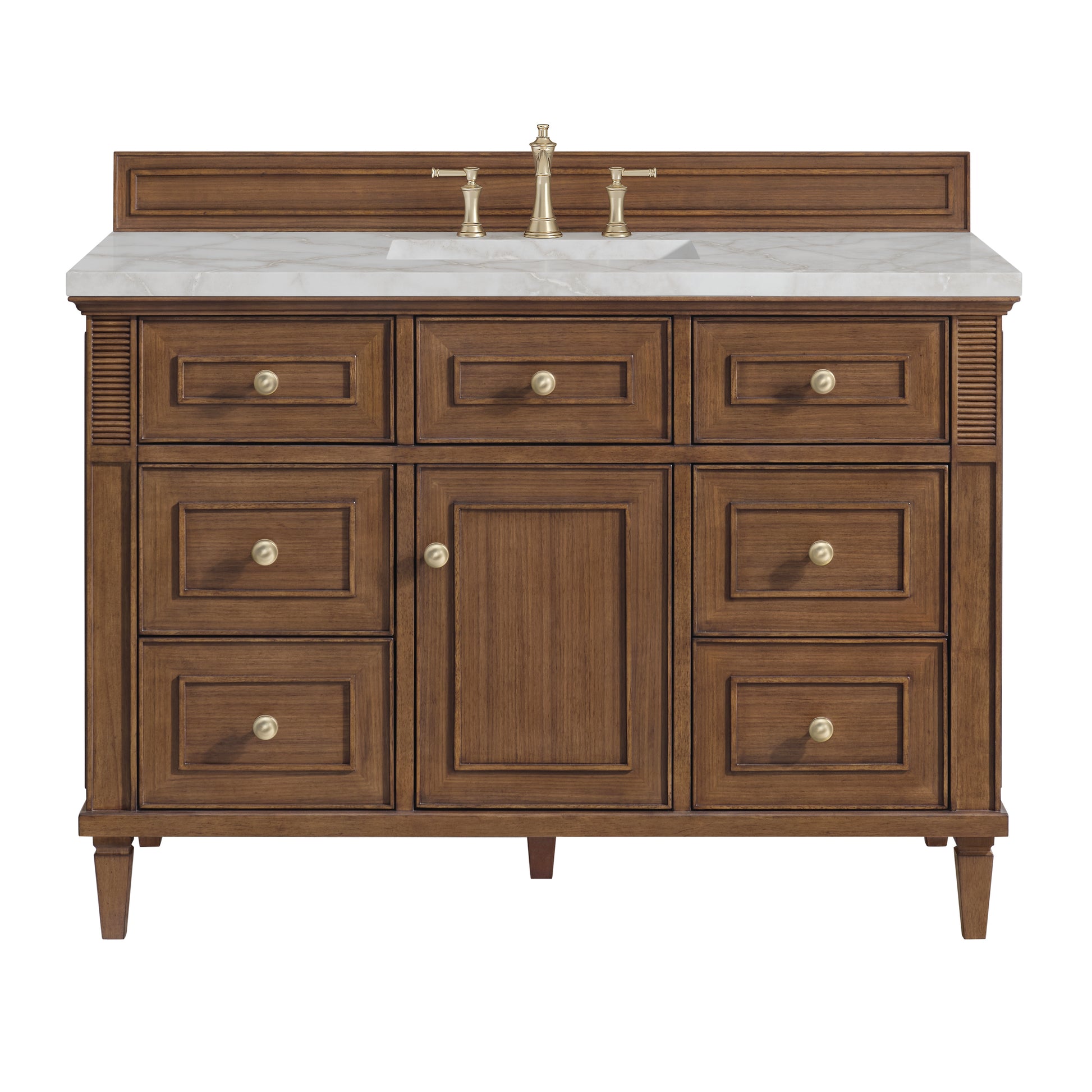 James Martin Vanities Lorelai 48" Mid-Century Walnut Single Vanity With 3 cm Victorian Silver Silestone Top and FreePower Wireless Charger