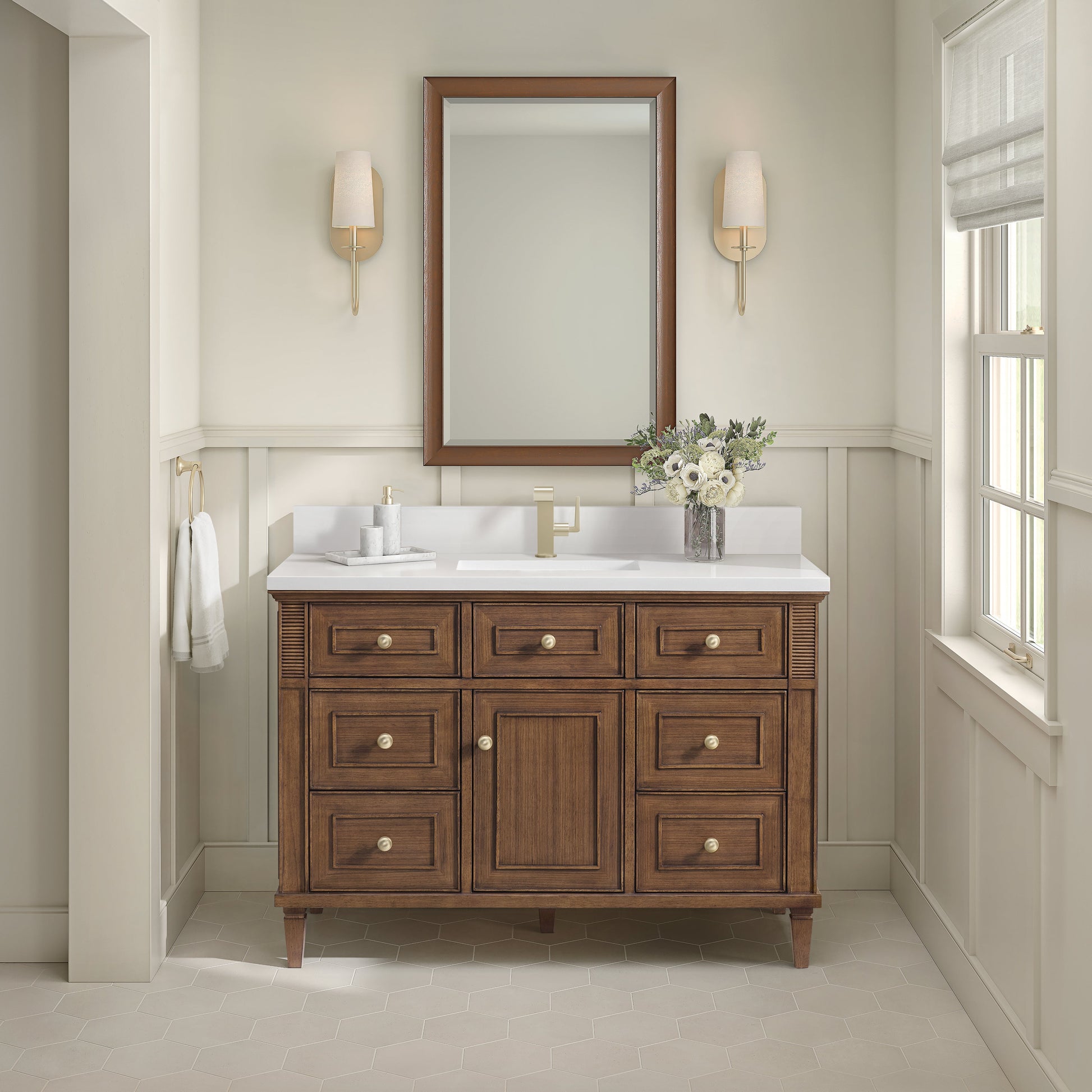 James Martin Vanities Lorelai 48" Mid-Century Walnut Single Vanity With Single Hole 3 CM White Zeus Quartz Top & Backsplash