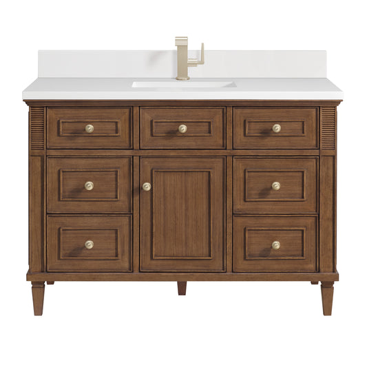 James Martin Vanities Lorelai 48" Mid-Century Walnut Single Vanity With Single Hole 3 CM White Zeus Quartz Top & Backsplash