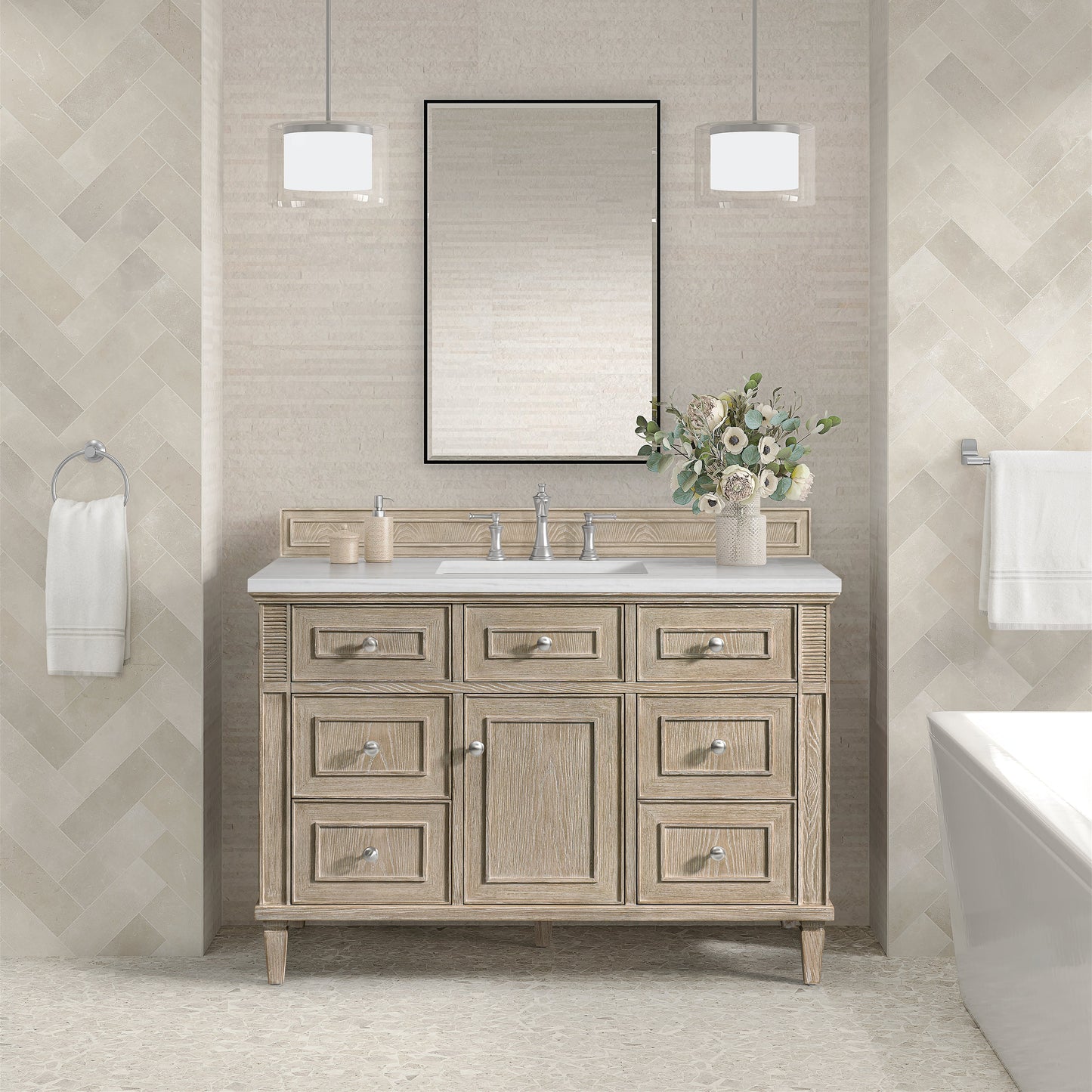 James Martin Vanities Lorelai 48" Whitewashed Oak Single Vanity With 3 CM Arctic Fall Solid Surface Top