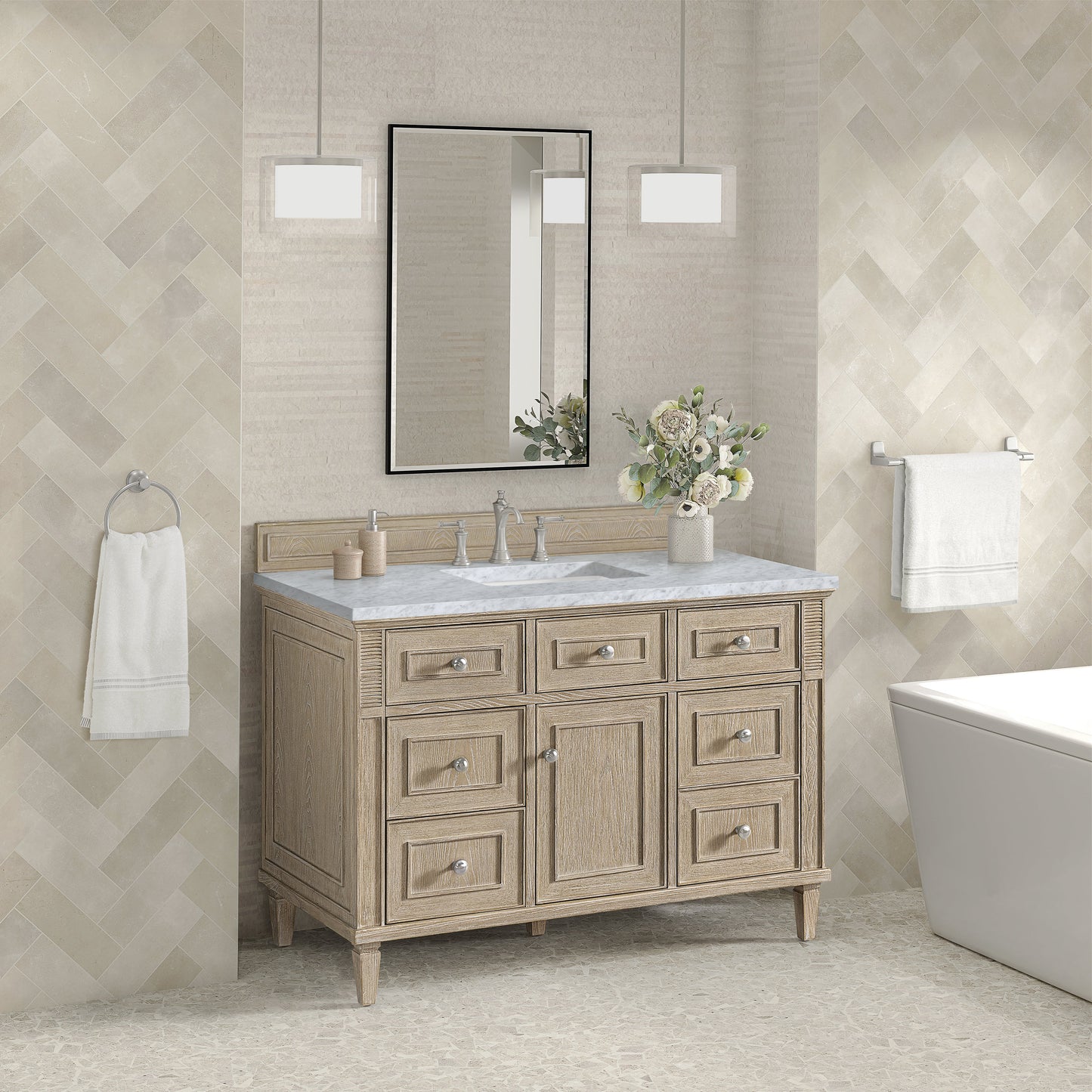 James Martin Vanities Lorelai 48" Whitewashed Oak Single Vanity With 3 CM Carrara White Marble Top