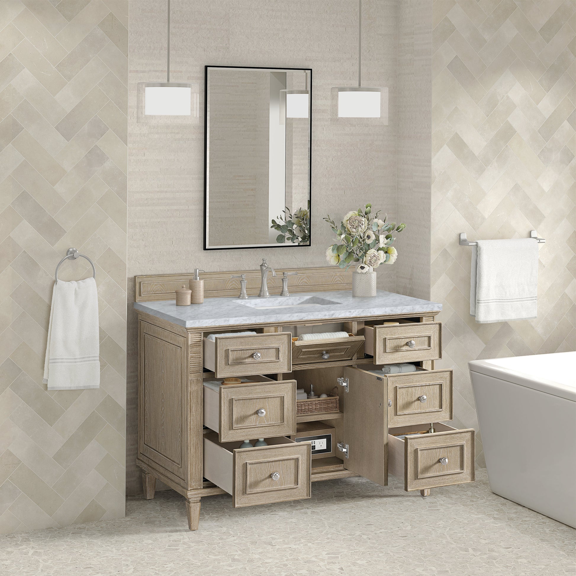 James Martin Vanities Lorelai 48" Whitewashed Oak Single Vanity With 3 CM Carrara White Marble Top