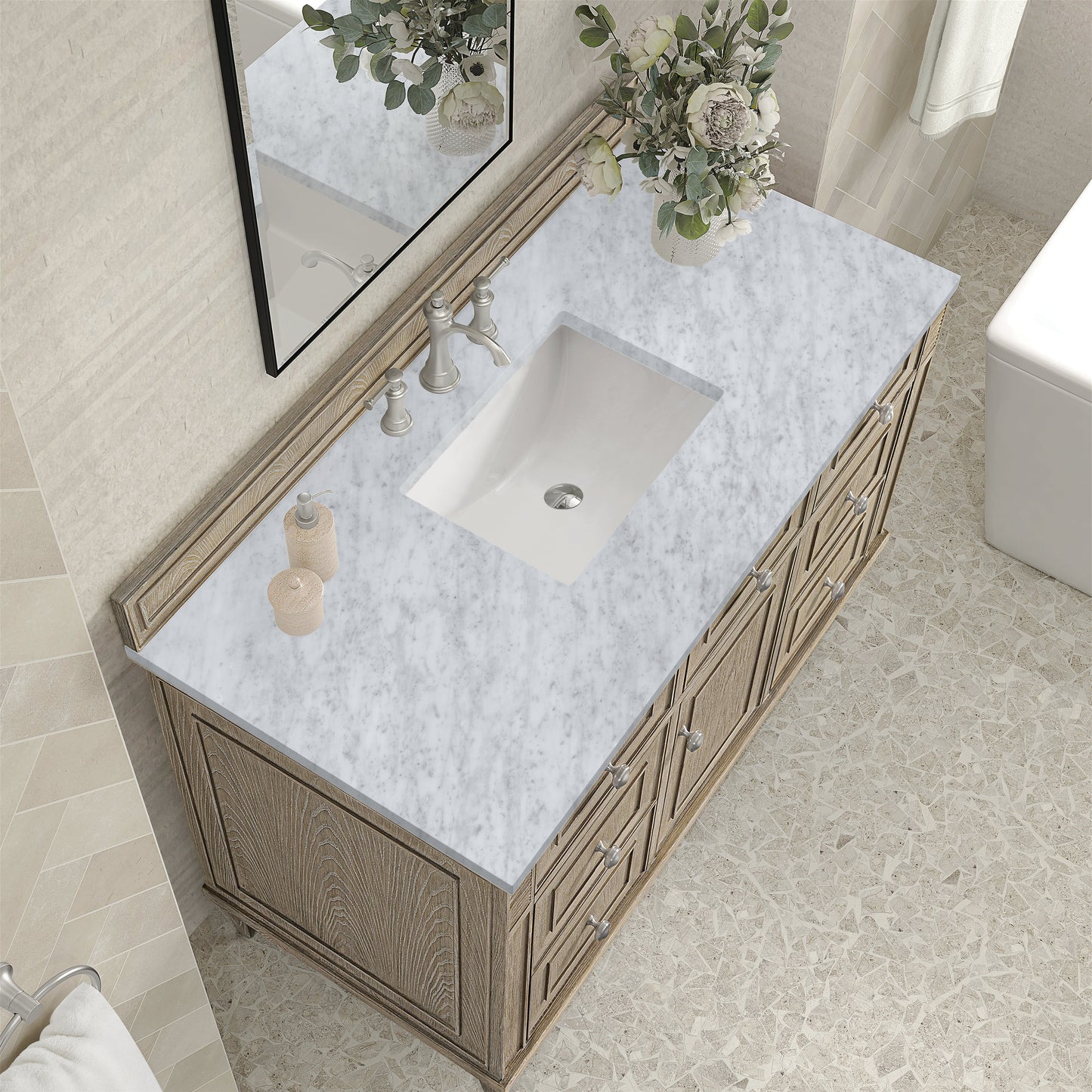 James Martin Vanities Lorelai 48" Whitewashed Oak Single Vanity With 3 CM Carrara White Marble Top