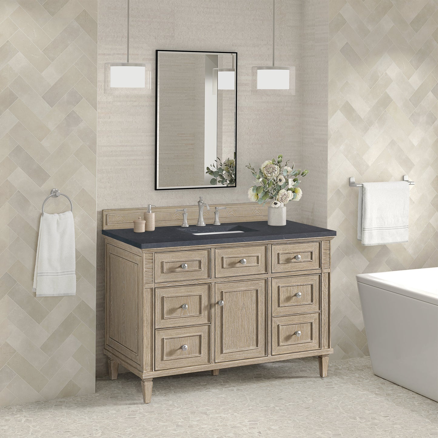 James Martin Vanities Lorelai 48" Whitewashed Oak Single Vanity With 3 CM Charcoal Soapstone Quartz Top