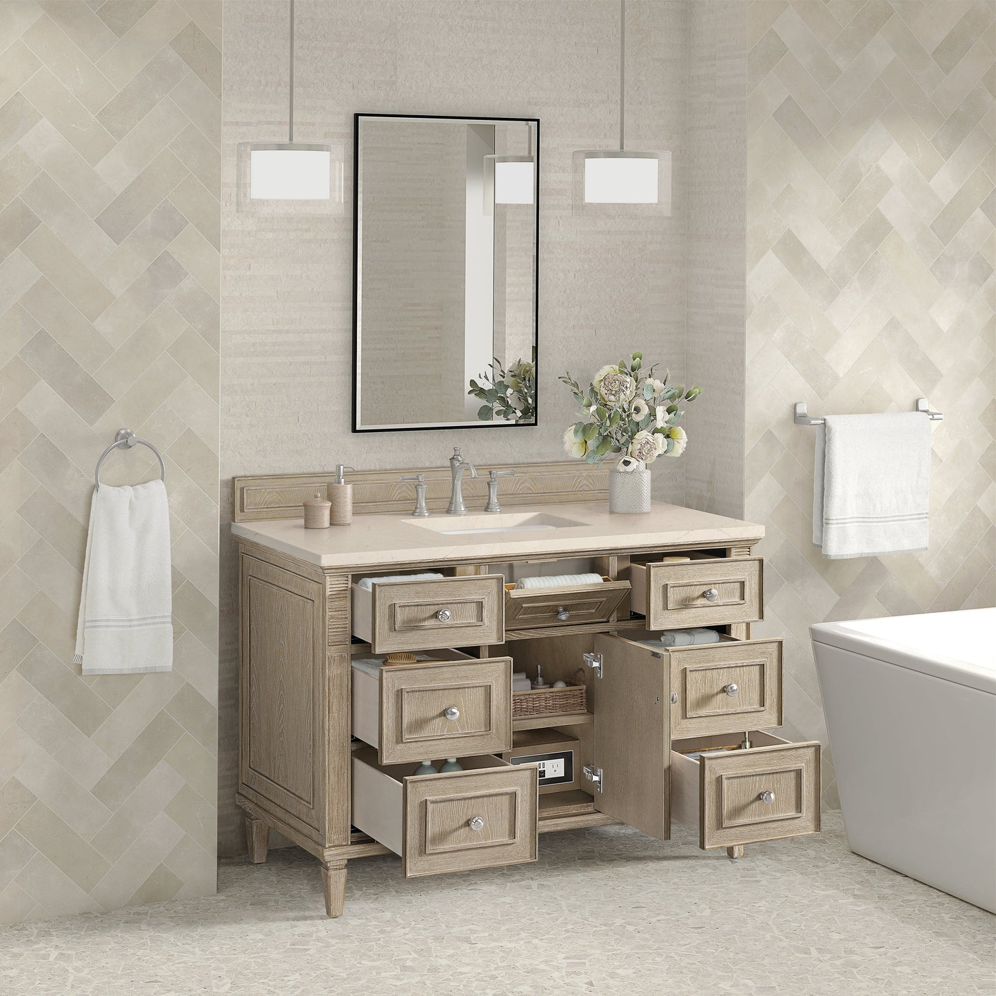 James Martin Vanities Lorelai 48" Whitewashed Oak Single Vanity With 3 CM Eternal Marfil Quartz Top