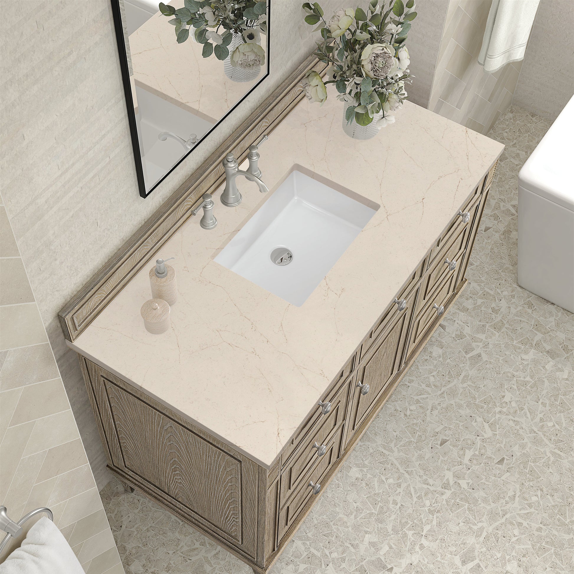 James Martin Vanities Lorelai 48" Whitewashed Oak Single Vanity With 3 CM Eternal Marfil Quartz Top