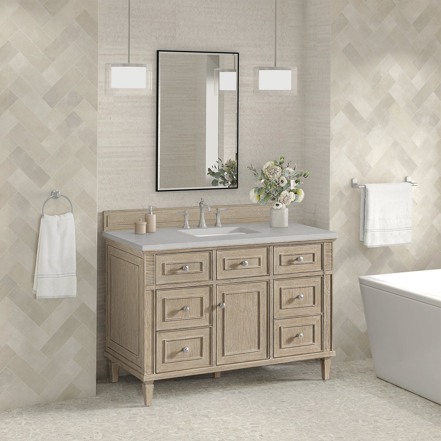 James Martin Vanities Lorelai 48" Whitewashed Oak Single Vanity With 3 CM Eternal Serena Quartz Top