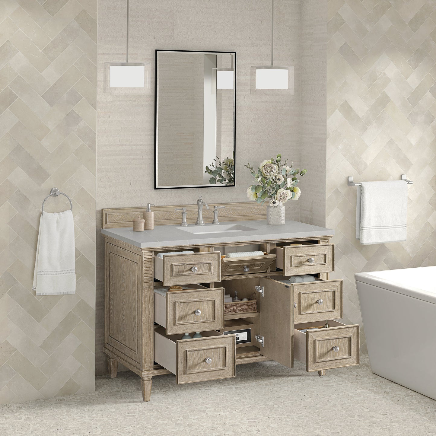 James Martin Vanities Lorelai 48" Whitewashed Oak Single Vanity With 3 CM Eternal Serena Quartz Top