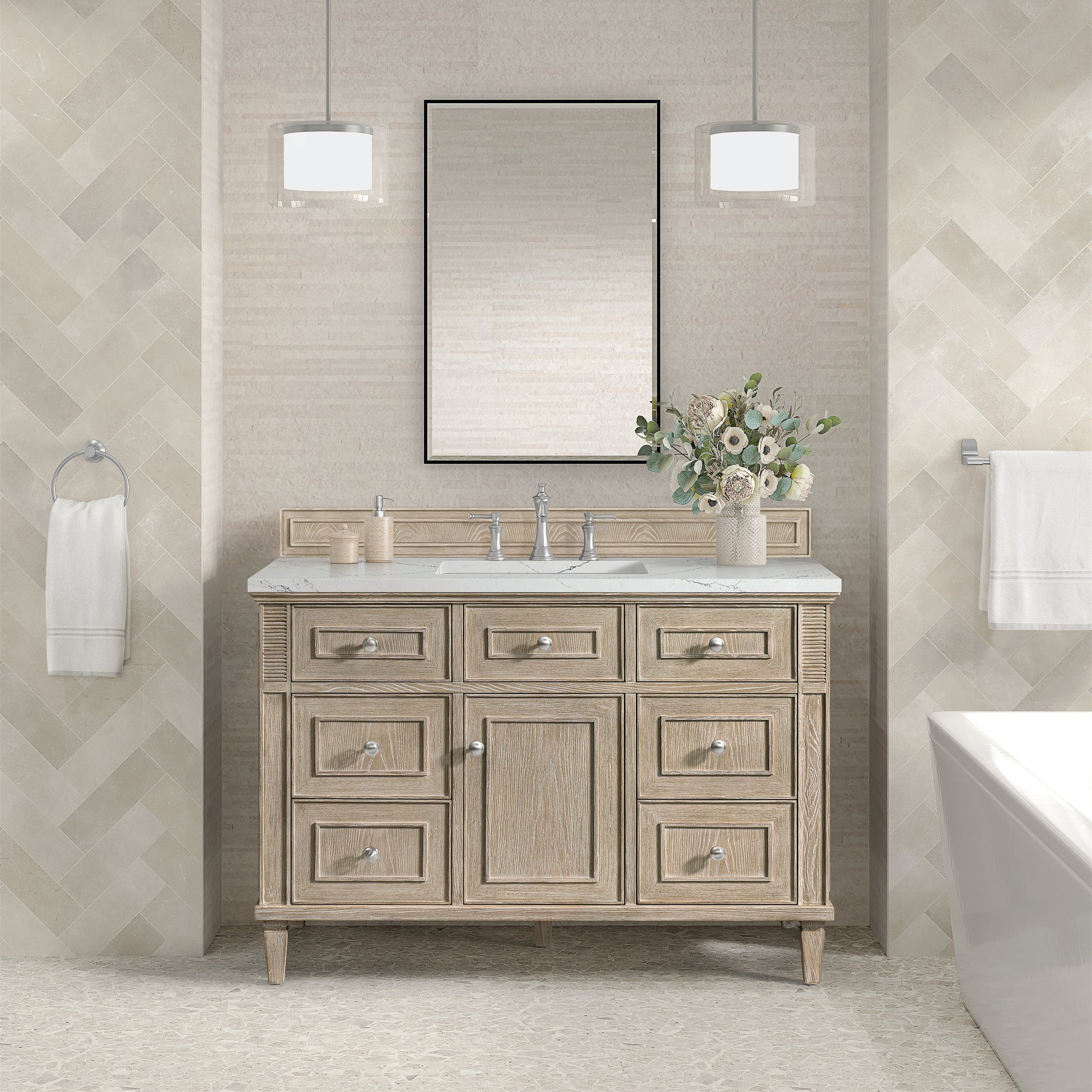 James Martin Vanities Lorelai 48" Whitewashed Oak Single Vanity With 3 CM Ethereal Noctis Quartz Top