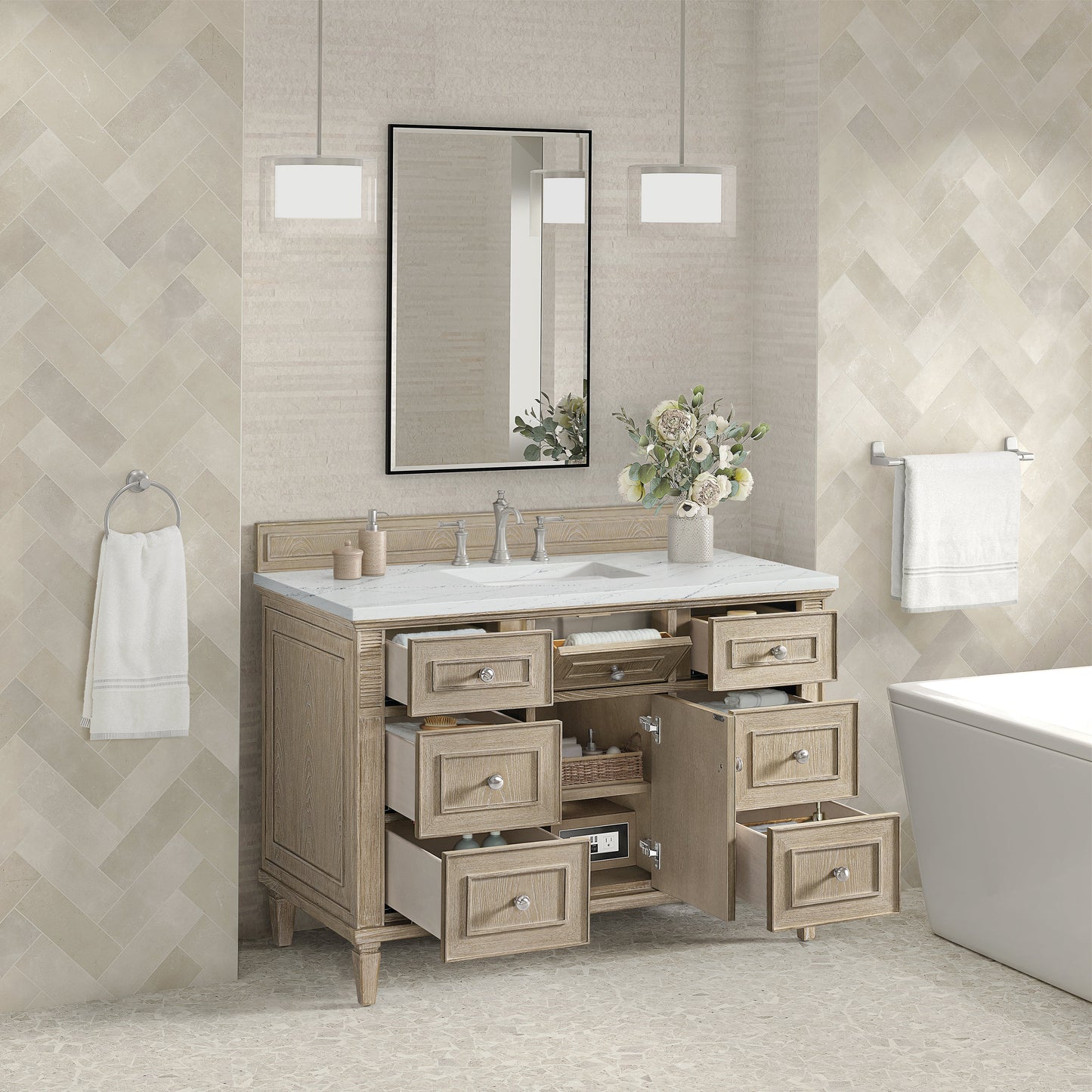 James Martin Vanities Lorelai 48" Whitewashed Oak Single Vanity With 3 CM Ethereal Noctis Quartz Top