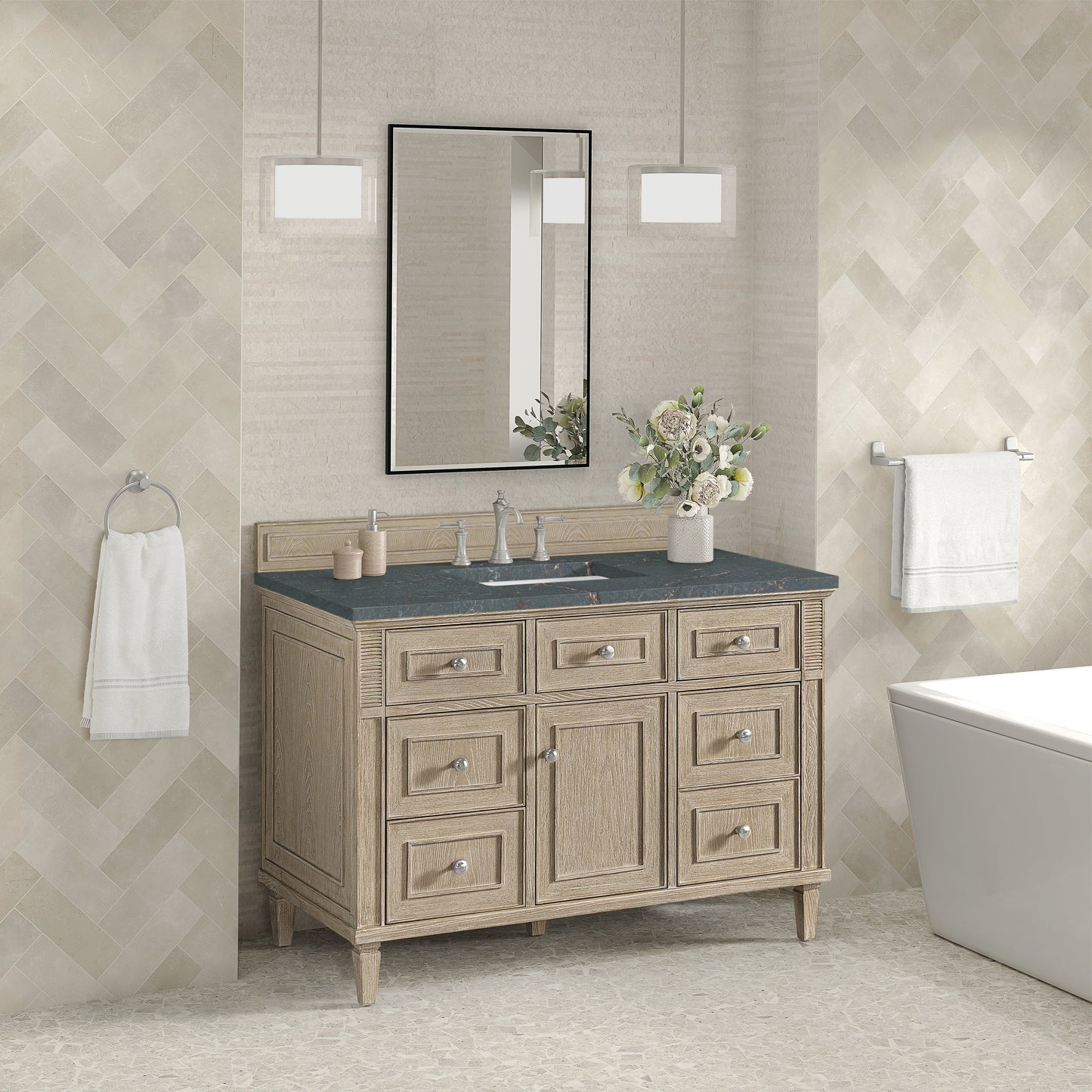 James Martin Vanities Lorelai 48" Whitewashed Oak Single Vanity With 3 CM Parisien Bleu Quartz Top