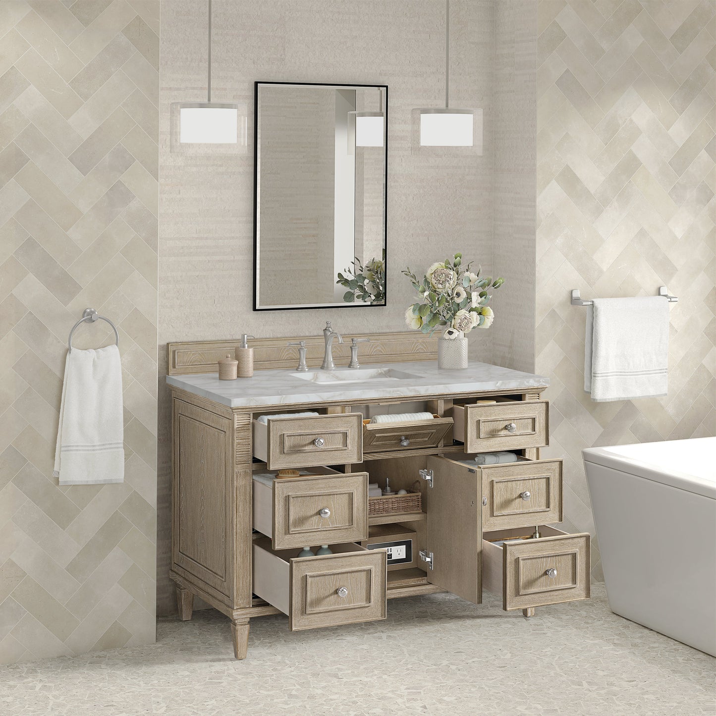 James Martin Vanities Lorelai 48" Whitewashed Oak Single Vanity With 3 CM Victorian Silver Quartz Top