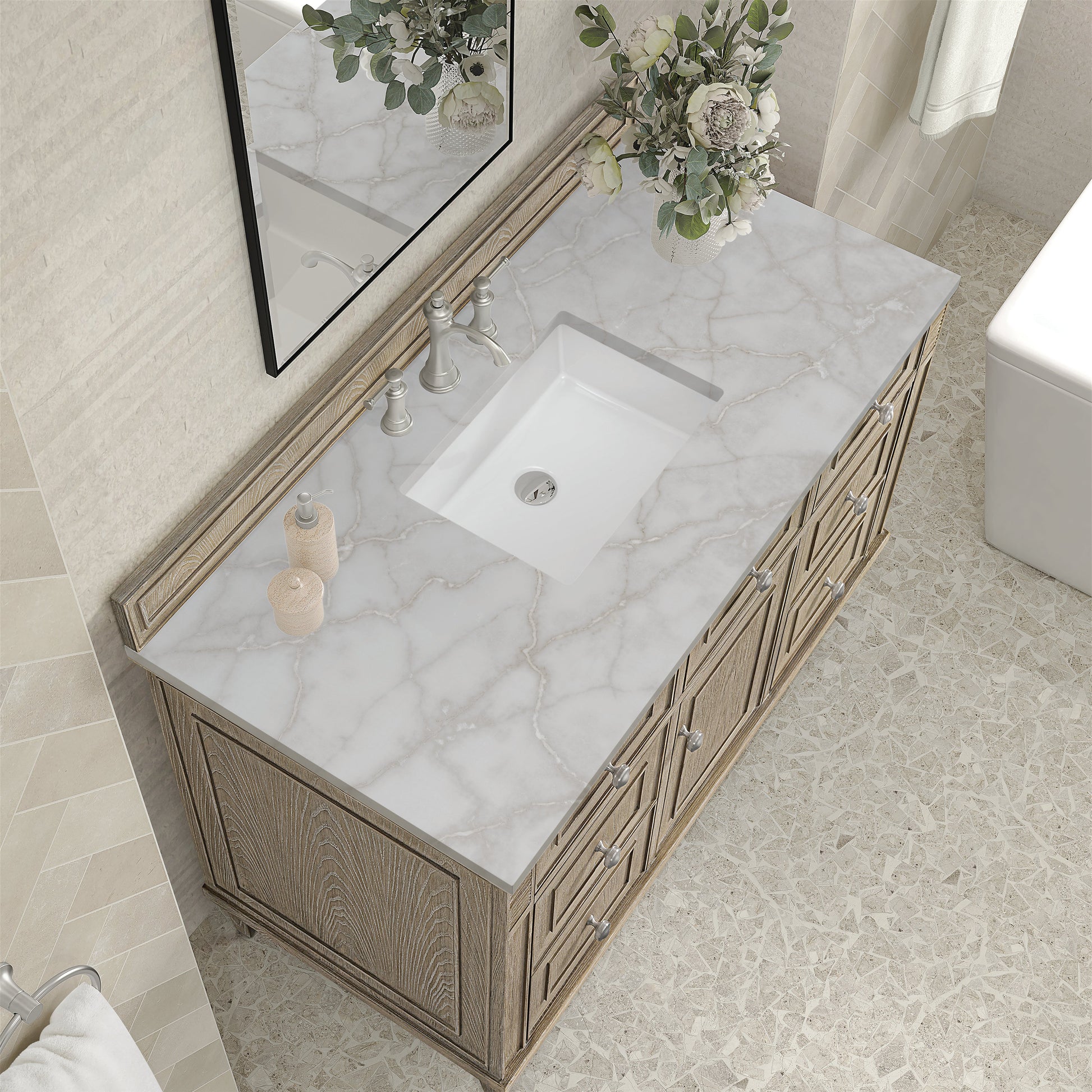 James Martin Vanities Lorelai 48" Whitewashed Oak Single Vanity With 3 CM Victorian Silver Quartz Top