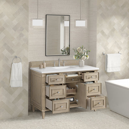 James Martin Vanities Lorelai 48" Whitewashed Oak Single Vanity With 3 CM White Zeus Quartz Top