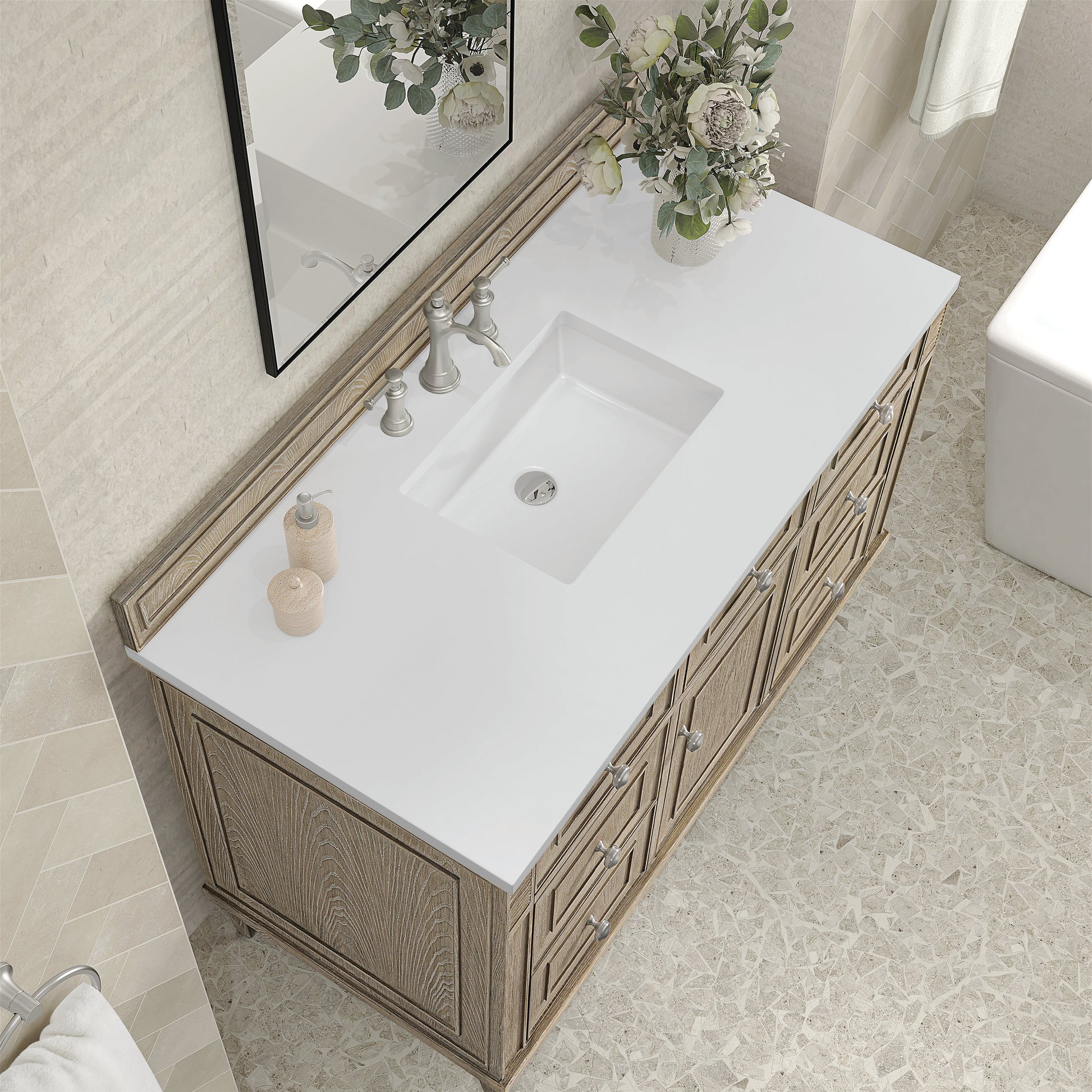 James Martin Vanities Lorelai 48" Whitewashed Oak Single Vanity With 3 CM White Zeus Quartz Top