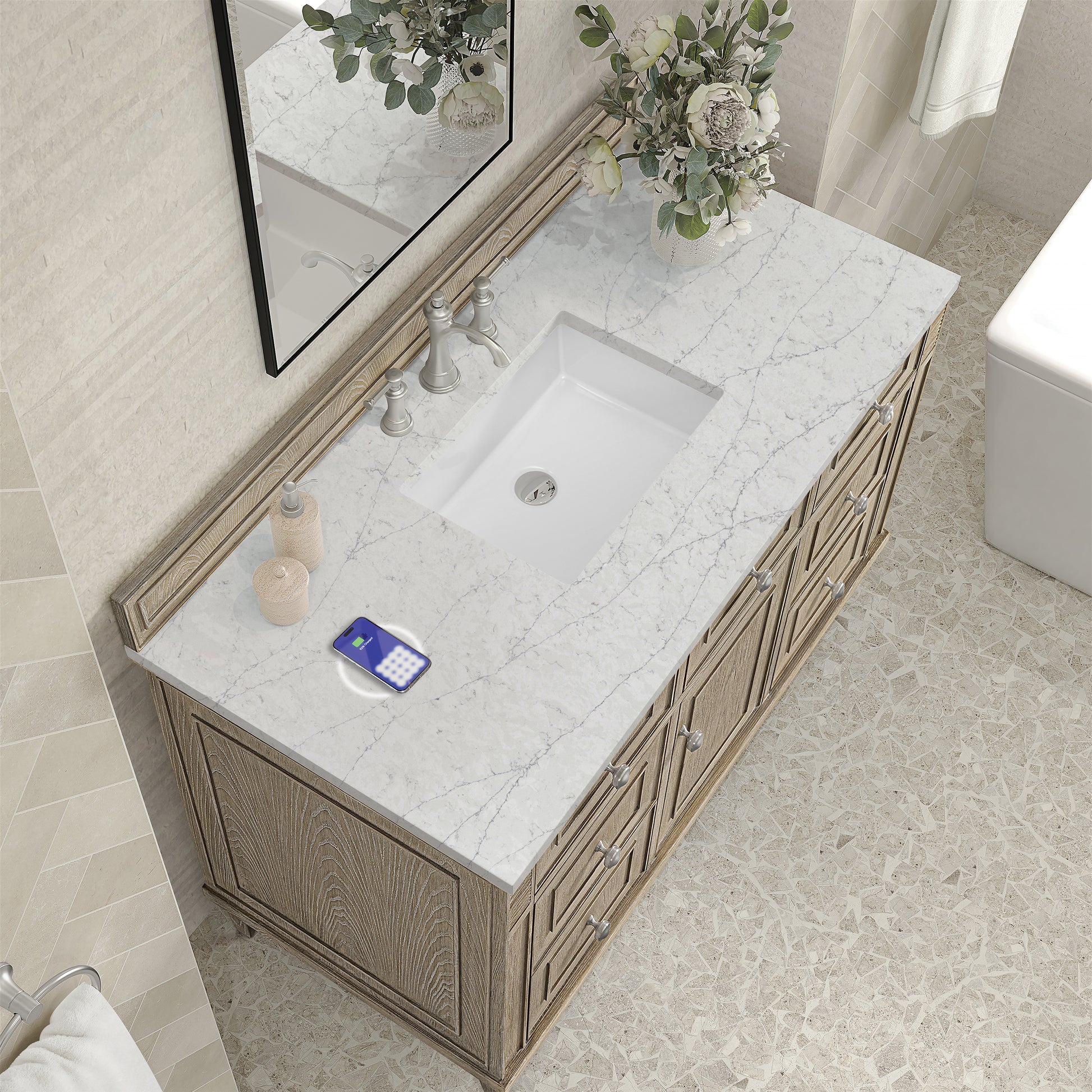 James Martin Vanities Lorelai 48" Whitewashed Oak Single Vanity With 3 cm Eternal Jasmine Pearl Silestone Top and FreePower Wireless Charger