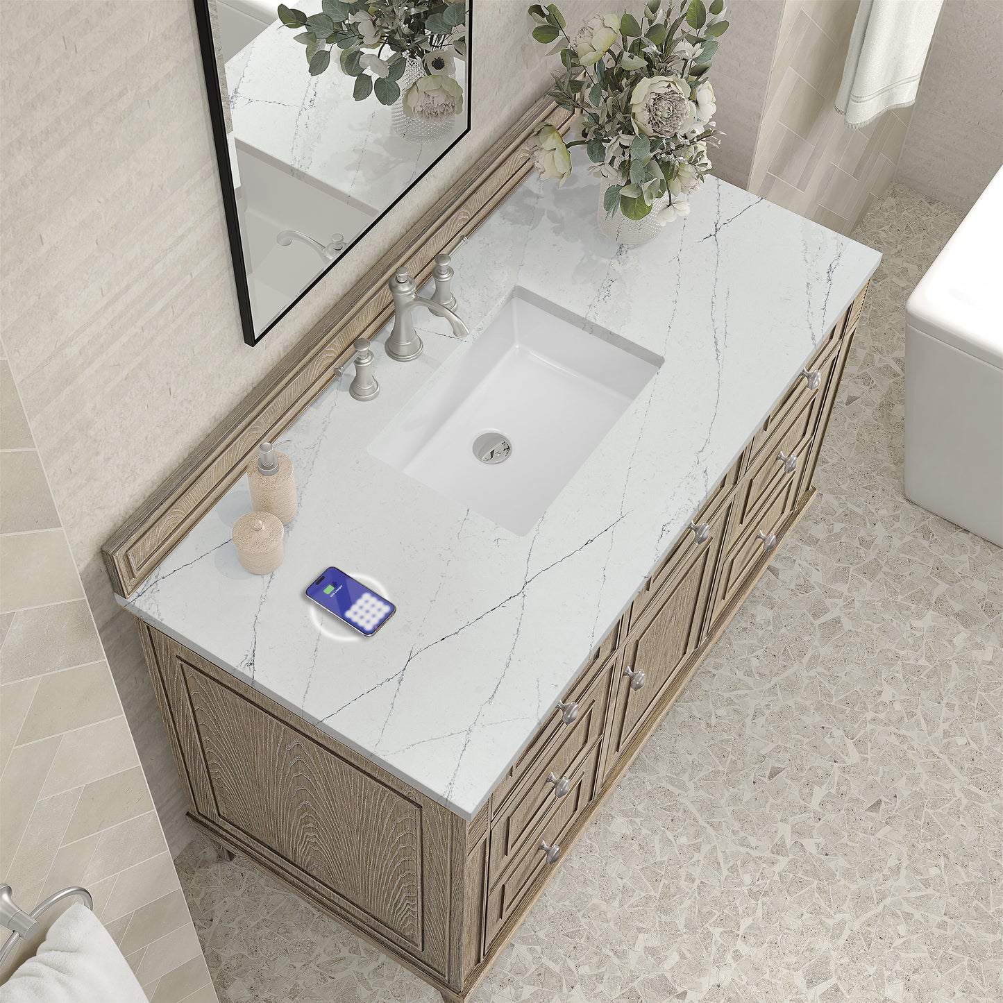 James Martin Vanities Lorelai 48" Whitewashed Oak Single Vanity With 3 cm Ethereal Noctis Silestone Top and FreePower Wireless Charger