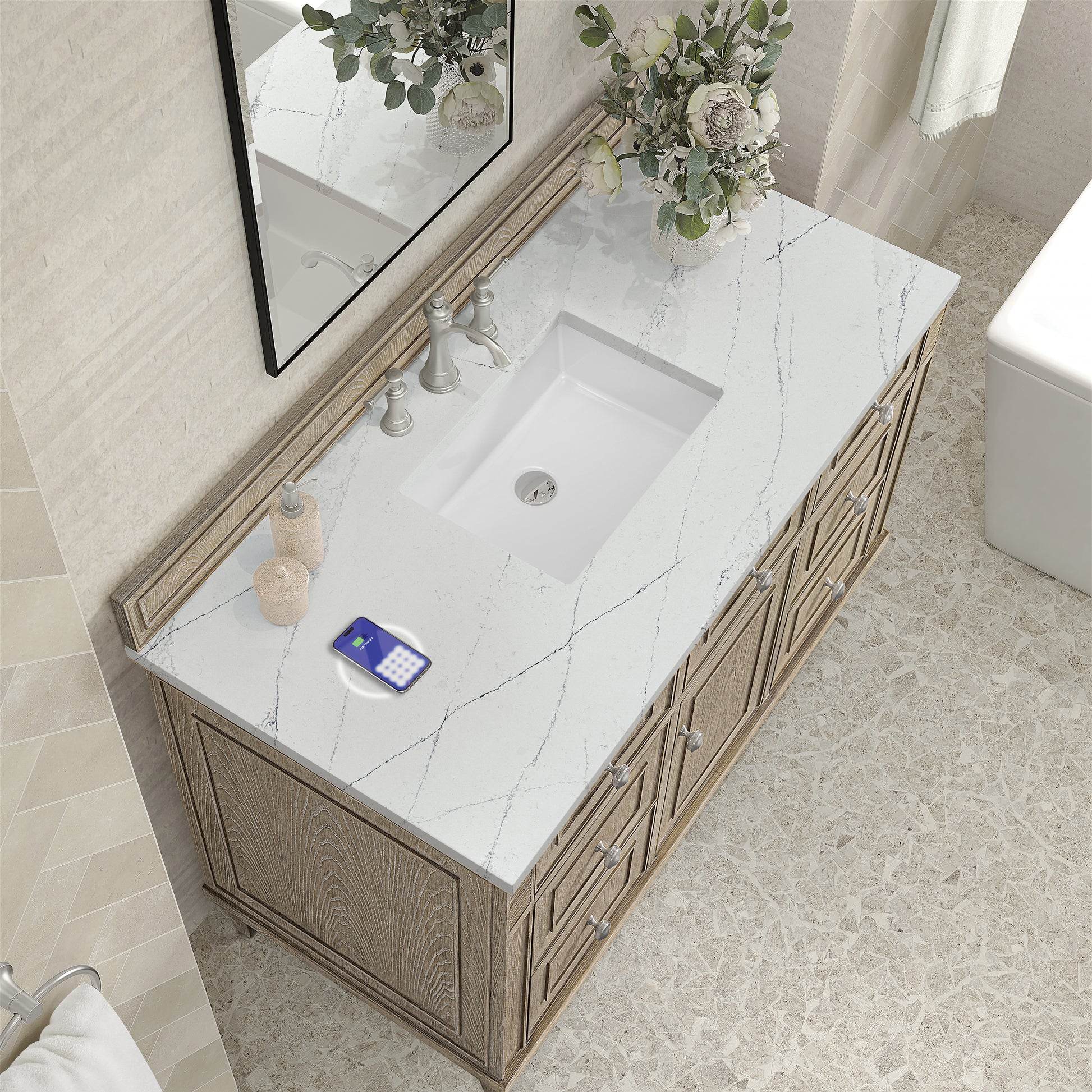 James Martin Vanities Lorelai 48" Whitewashed Oak Single Vanity With 3 cm Ethereal Noctis Silestone Top and FreePower Wireless Charger