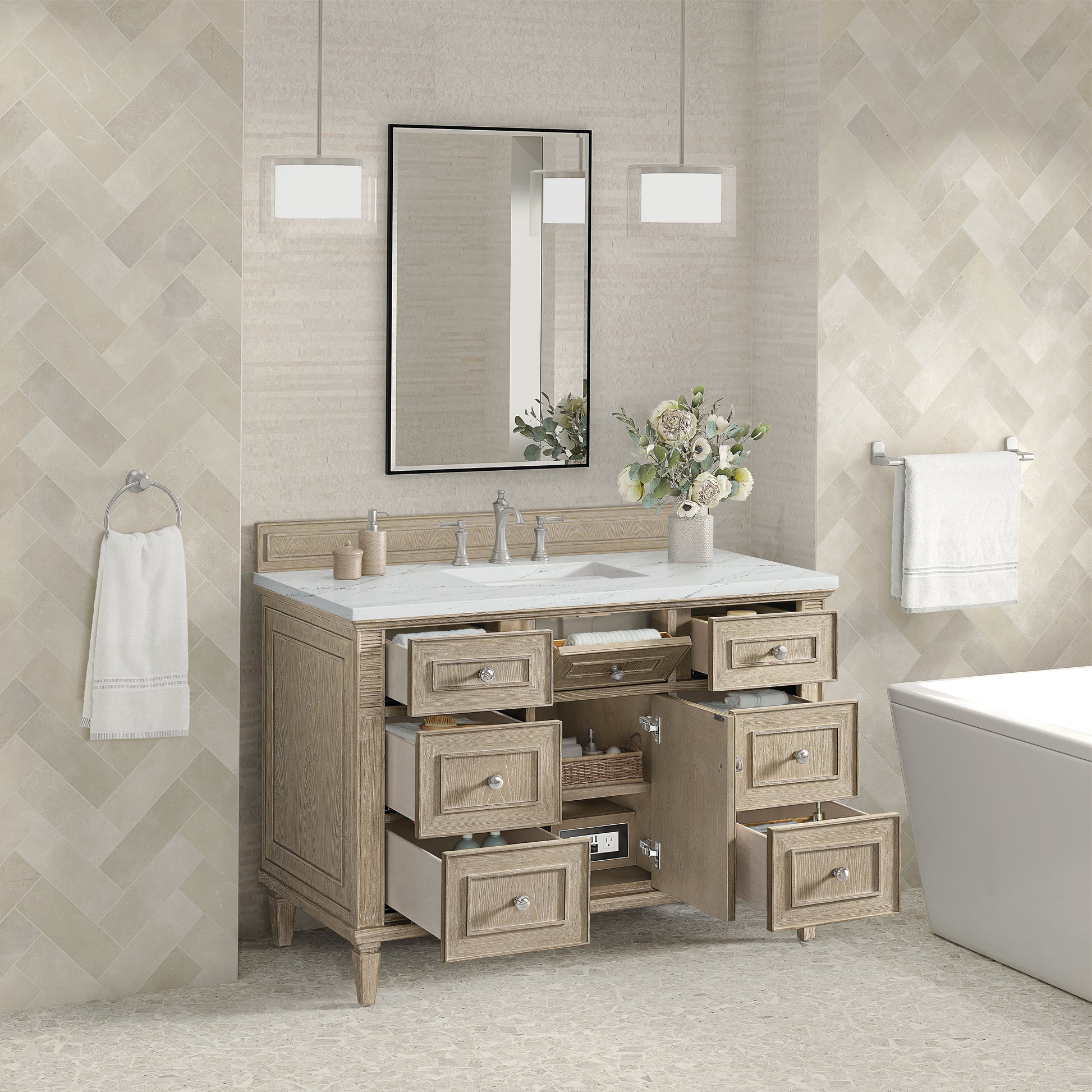 James Martin Vanities Lorelai 48" Whitewashed Oak Single Vanity With 3 cm Ethereal Noctis Silestone Top and FreePower Wireless Charger